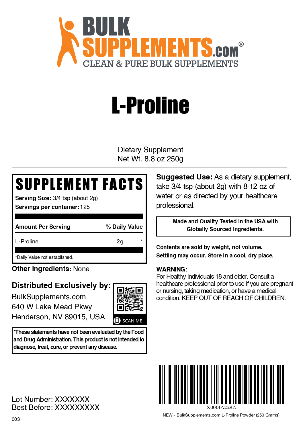 L-Proline Powder - Premium Amino Acid Supplement for Collagen Support & Skin Health | Ideal for Joint Care, Muscle Recovery & Anti-Aging Skincare