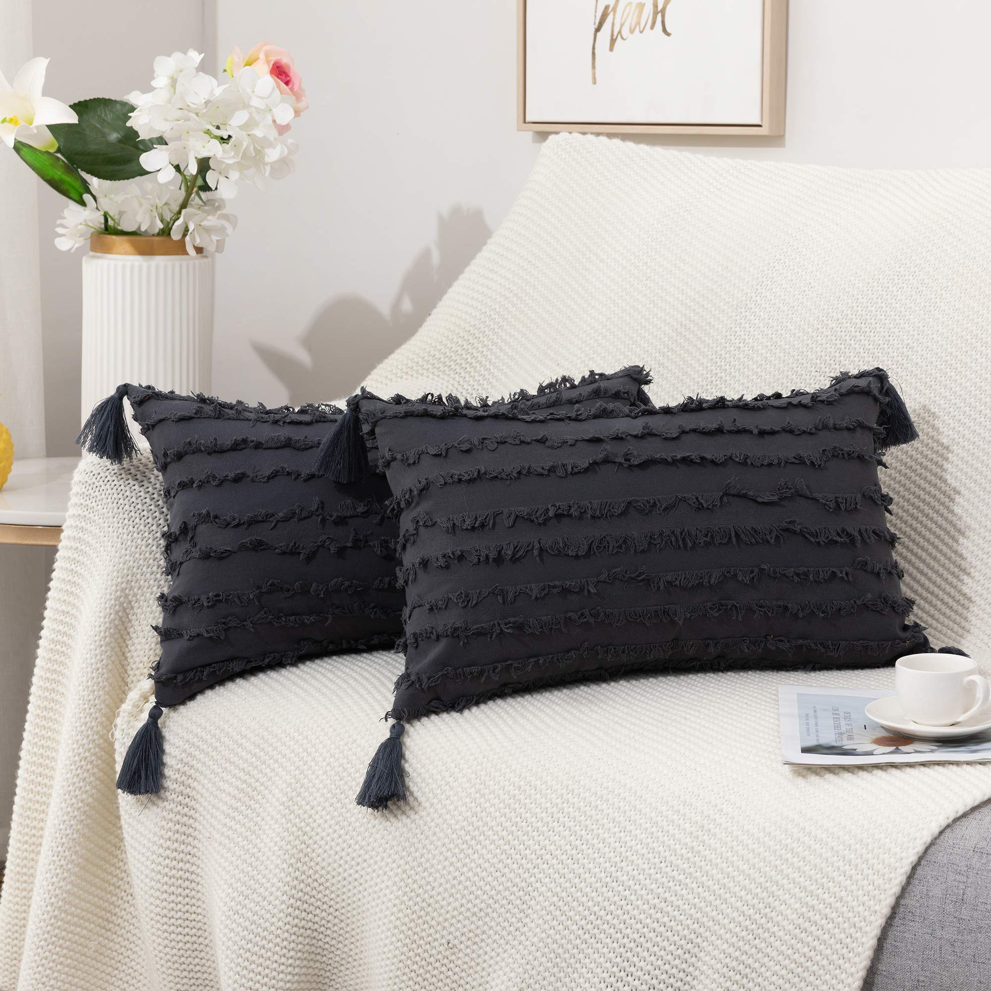 Tiaronics Set of 2 Bohemian Style Cotton Linen Throw Pillow Covers with Tassels - 12x20 Inch Decorative Cushion Covers for Sofa, Couch, Bed & Farmhouse Decor (Dark Grey) - Perfect for Living Room, Bedroom & Cozy Home Styling