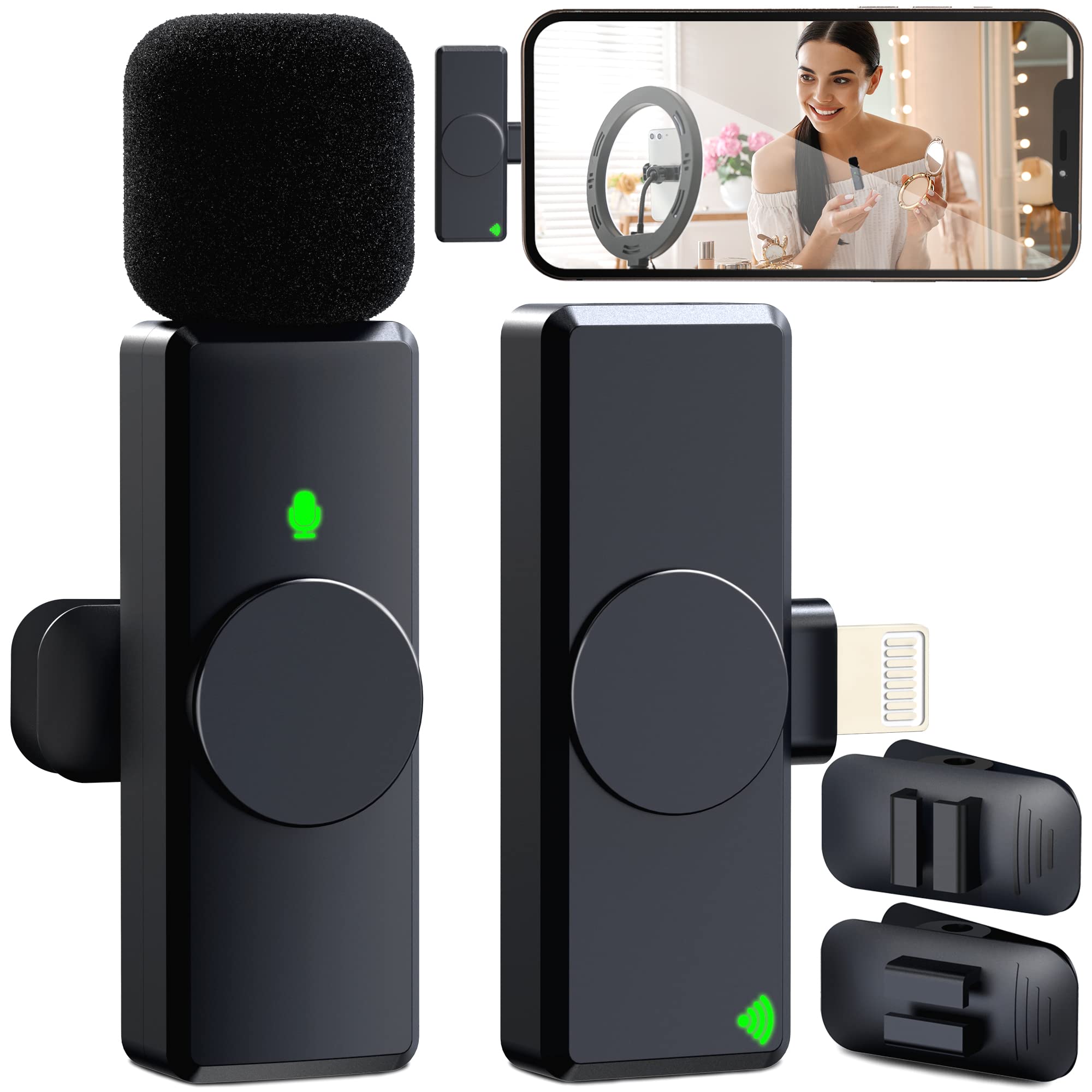 2.4GHz Wireless Lavalier Microphone for iPhone iPad - Plug & Play Lapel Mic with 2 Clips, Noise Canceling & Auto-Sync - Perfect for Vlogging, Live Streaming, YouTube, Facebook, Zoom Interviews, Podcasting & Online Classes