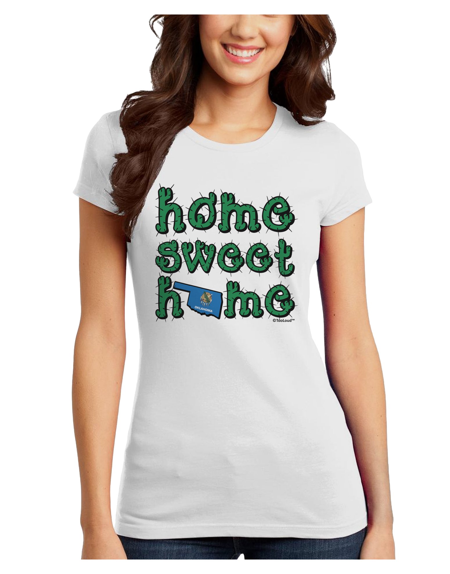TOOLOUD Oklahoma State Flag & Cactus Juniors T-Shirt - Home Sweet Home Design - Perfect for School Spirit, State Pride & Casual Wear