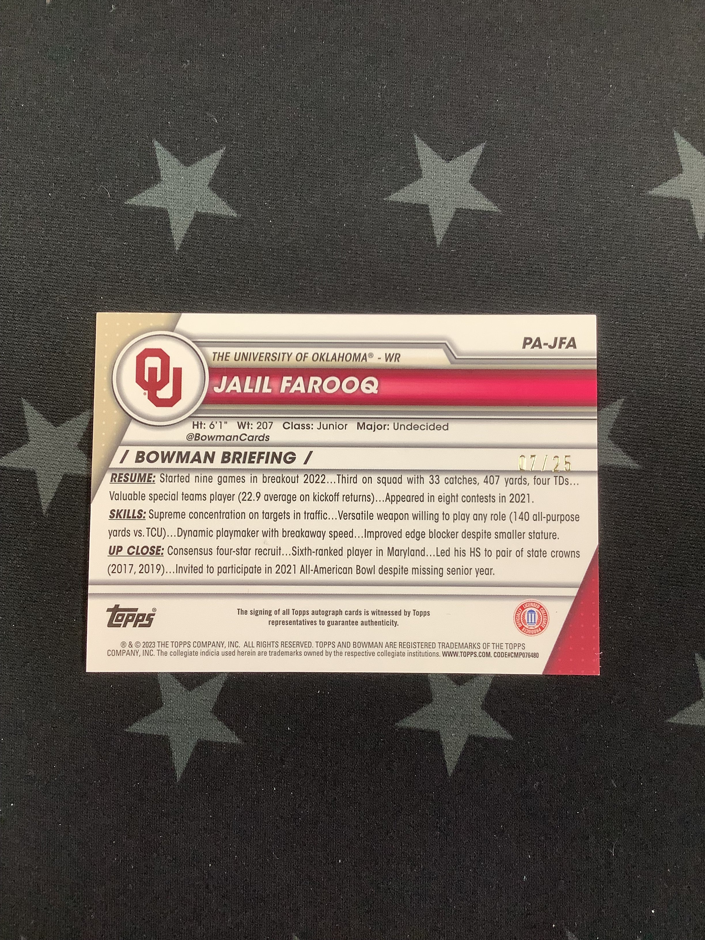 2023 Bowman Chrome University Jalil Farooq #PA JFA AUTO /25 Rookie Card - Collectible Sports Trading Card for Fans & Investors - Perfect for Grading, Trading, and Display
