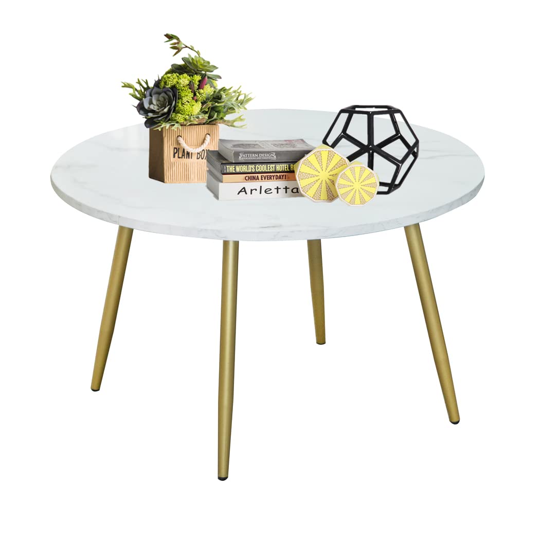 Modern White Faux Marble Round Coffee Table with Metal Legs - Stylish Sofa Center Table for Living Room, Home Decor, Accent Table | Perfect for Small Spaces, Apartments & Cozy Living Areas