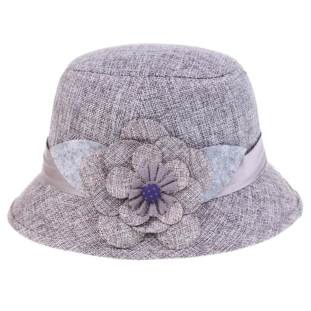 Women's Fashion Cloche Bucket Hat with Floral Accent - Gray Fedora Style Sun Hat for Outdoor, Beach, and Summer Activities