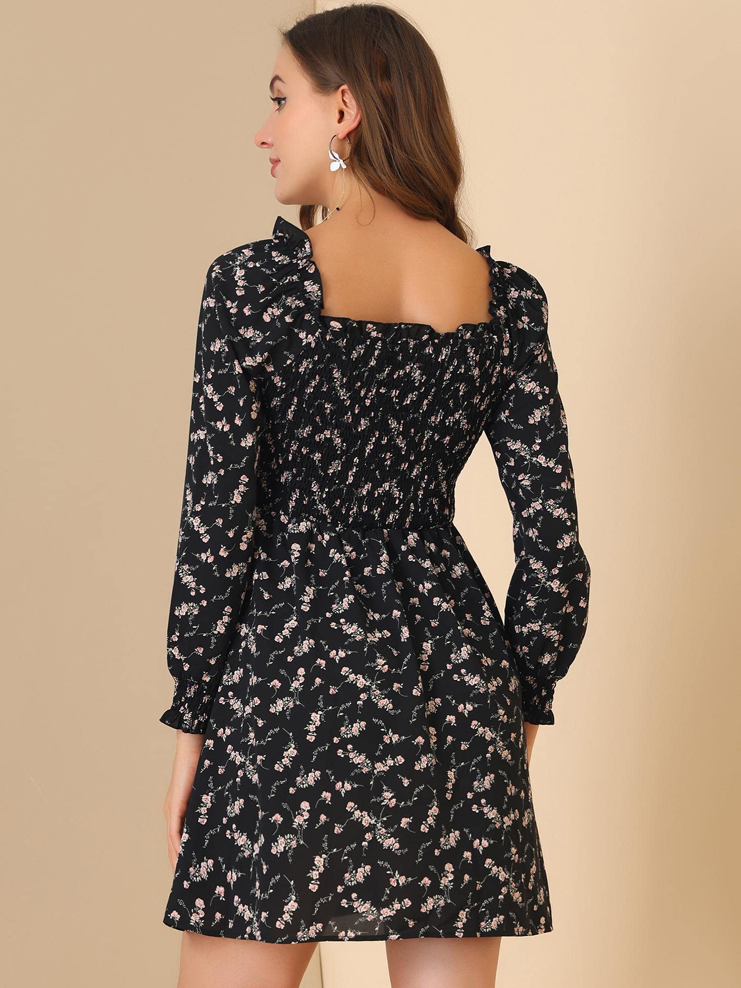 Allegra K Women's Floral Smocked Mini Dress with Square Neck & Long Sleeves - Valentine's Day Date Night, Wedding Guest, Spring Party Outfit