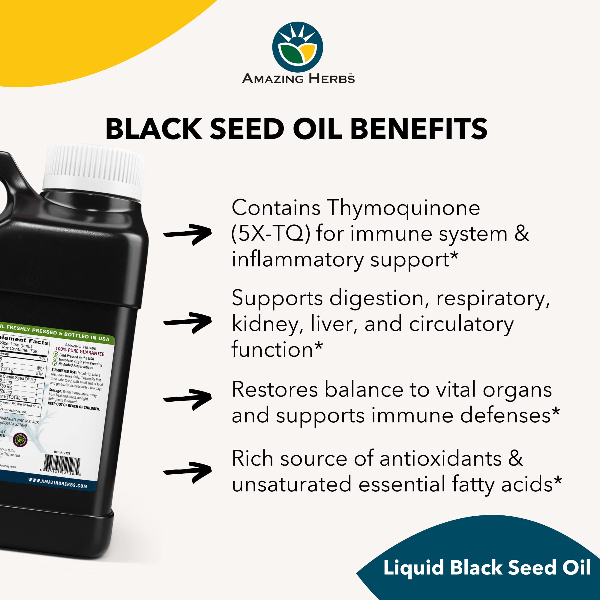 Premium Black Seed Oil - Cold Pressed Nigella Sativa for Digestive Health, Immune Support & Brain Function - Gluten Free, Non-GMO - 128 Fl Oz - Ideal for Daily Wellness, Cooking & Natural Remedies