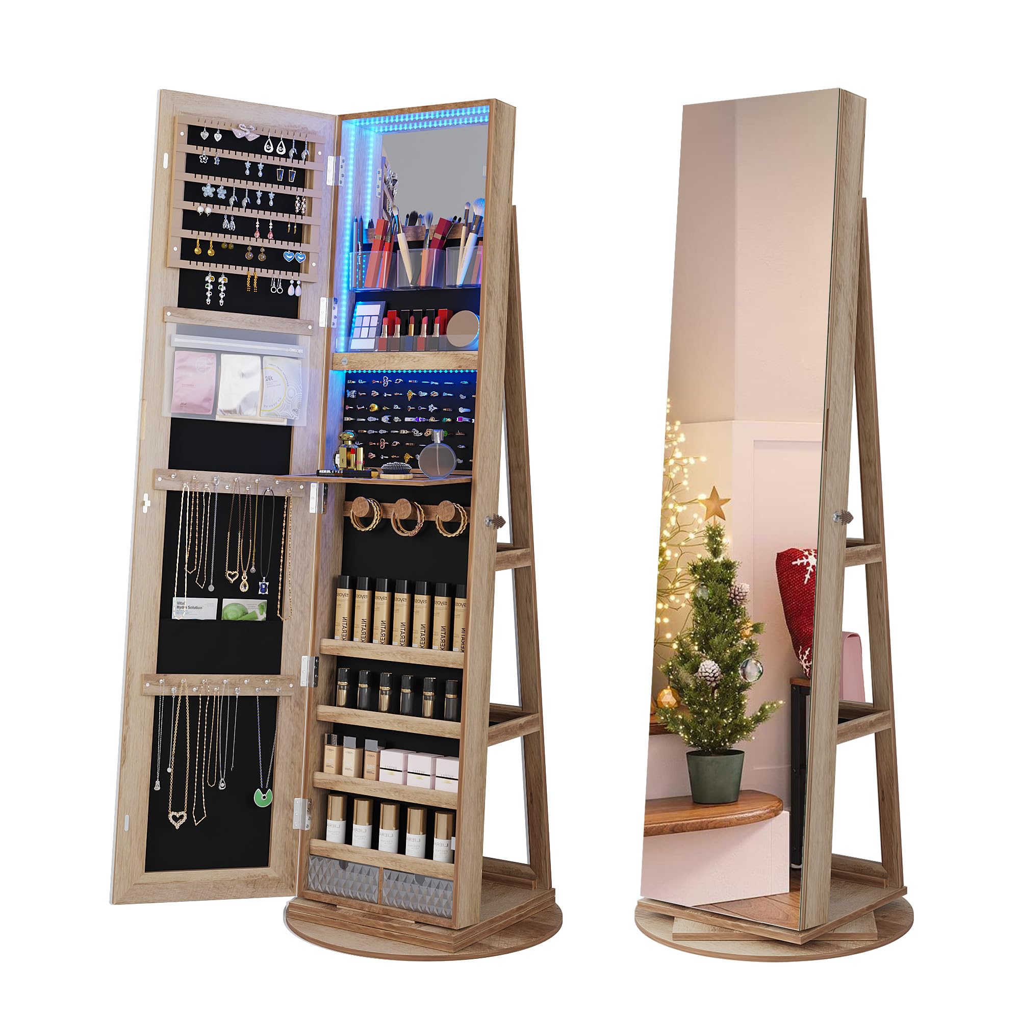 360° Swivel Jewelry Cabinet with LED Lights - Standing Jewelry Armoire Organizer with Full Length Mirror & Lockable Storage | Wooden Jewelry Box for Bedroom, Closet & Dressing Room Organization
