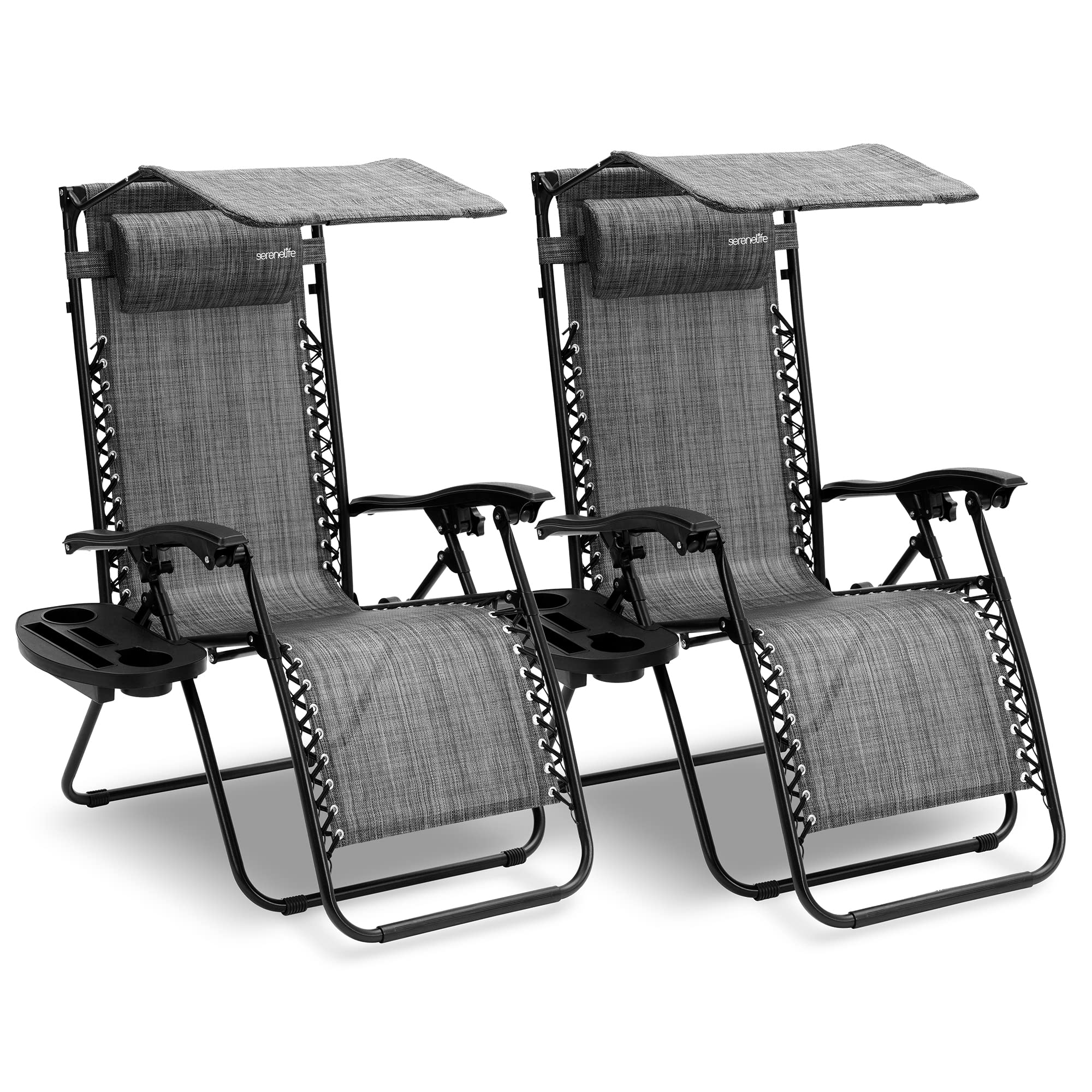 SereneLife Zero Gravity Lounge Chairs Set of 2 - Adjustable Outdoor Recliners with Canopy Shade, Side Tray & Cup Holders - Portable Folding Camping Chairs with Removable Pillows for Patio, Backyard, Beach, Poolside Relaxation - Grey