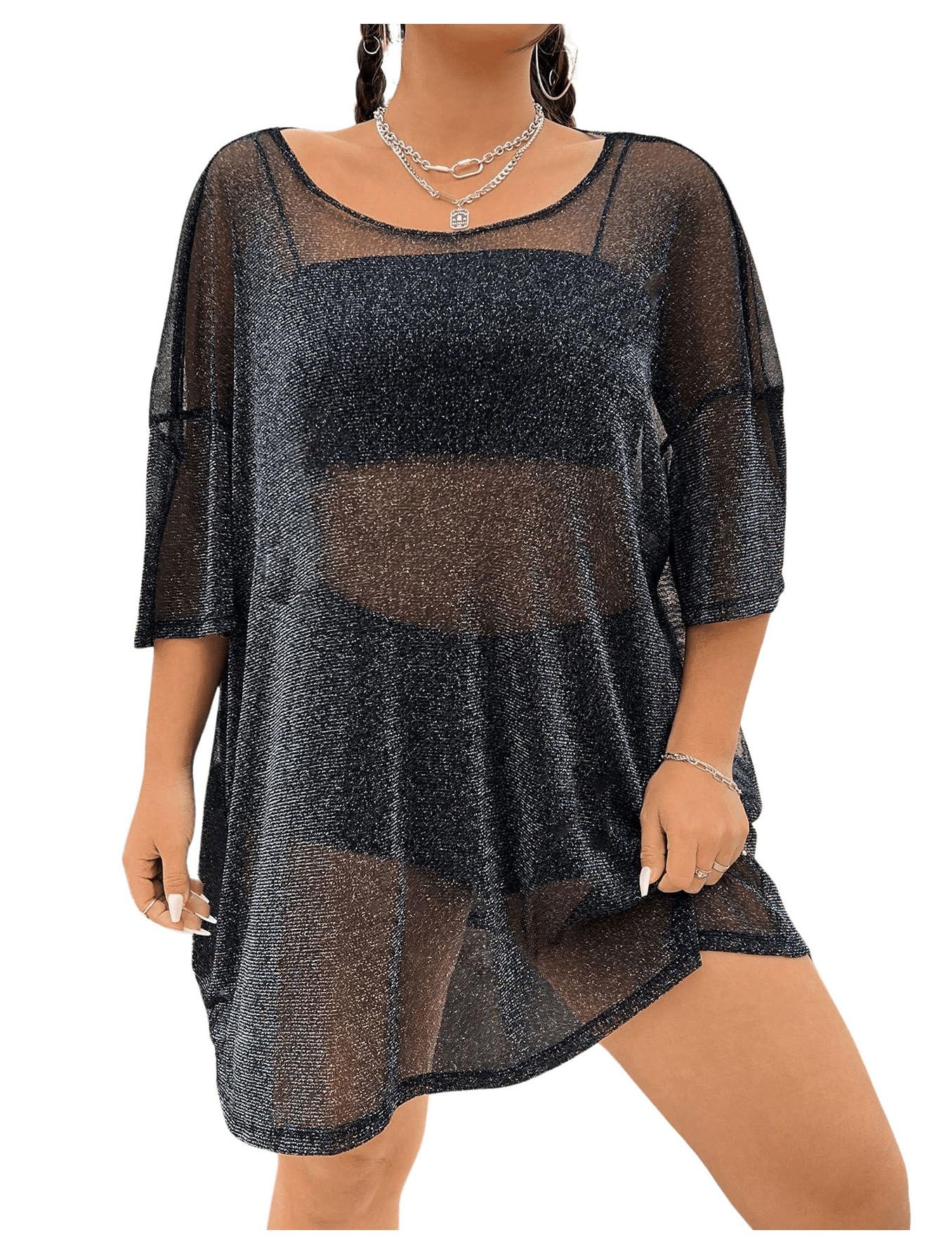 WDIRARA Women's Plus Size Sparkle Mesh Y2K Tee Top - Loose Drop Shoulder Party Club T-Shirt for Casual Wear, Night Out & Festive Occasions