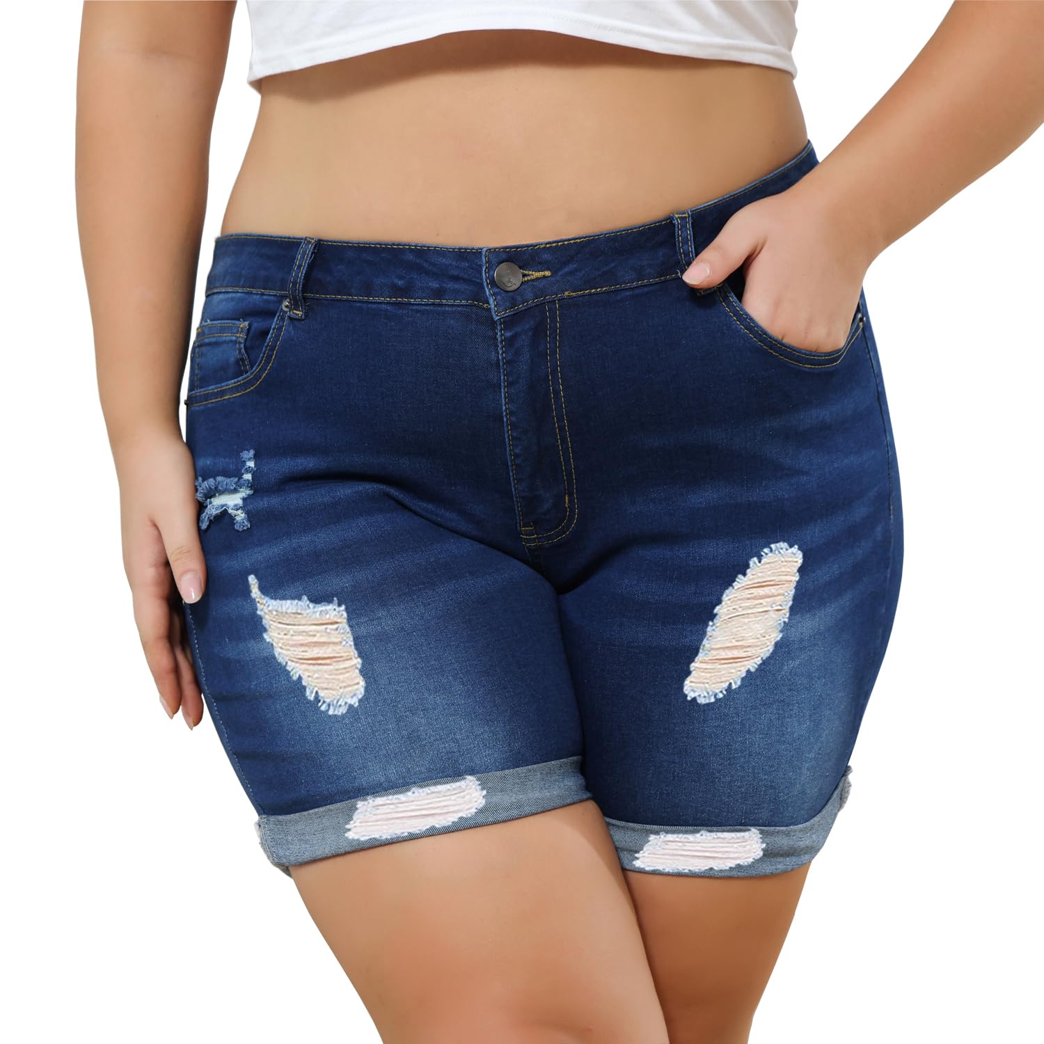 **Sghenr Plus Size Women's Ripped Denim Shorts – High Waisted Stretchy Jean Shorts with Folded Hem for Casual & Summer Outfits**