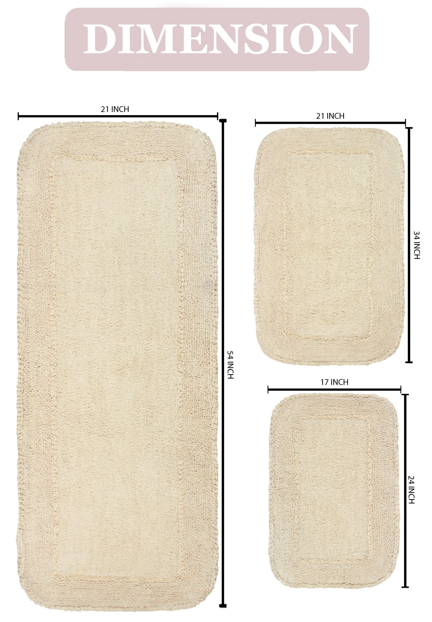 Premium 100% Cotton Bathroom Rugs Set - Ultra Soft & Absorbent Non-Slip Bath Mat with Runner - Machine Washable 3-Piece Ivory Collection for Bathroom & Kitchen Floor - Home Weavers Radiant Collection - Perfect for Bathroom Safety & Cozy Home Decor