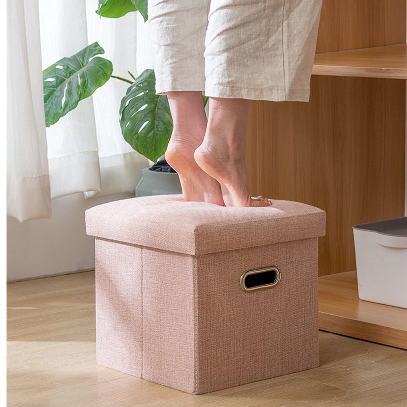 Cube Storage Stool - Foldable Ottoman Seat with Hidden Storage | Multi-Purpose Living Room Sofa Stool & Shoe Bench | Space-Saving Beige Footrest for Small Spaces | Perfect for Living Room, Bedroom & Entryway Organization