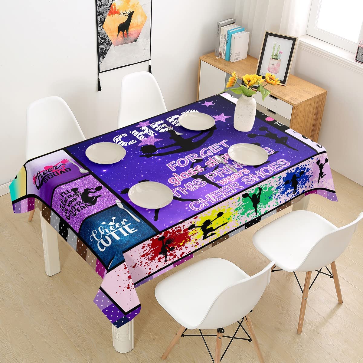 Purple Glitter Star Print Cheerleading Tablecloth - Modern Plaid Design Rectangle Table Cover 55