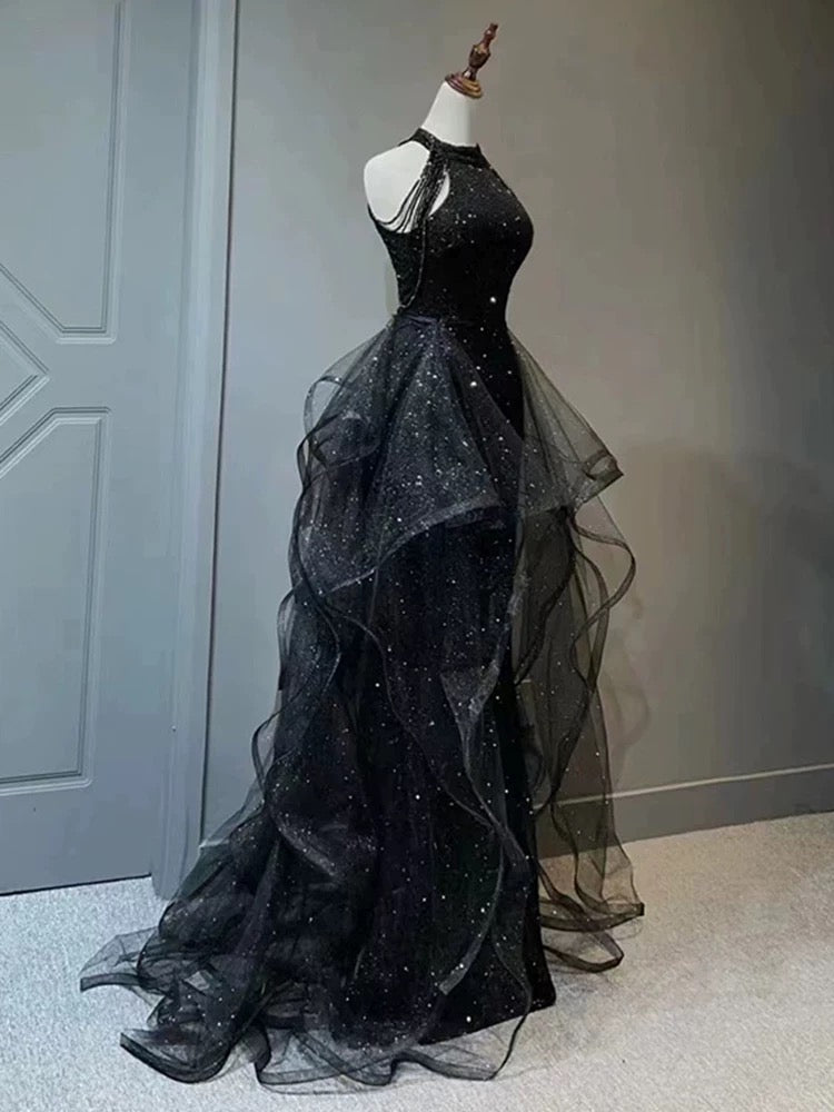 Elegant Black A-Line Tulle Sequin Long Prom Dress for Women - Perfect for Formal Dances, Evening Galas & Special Occasions