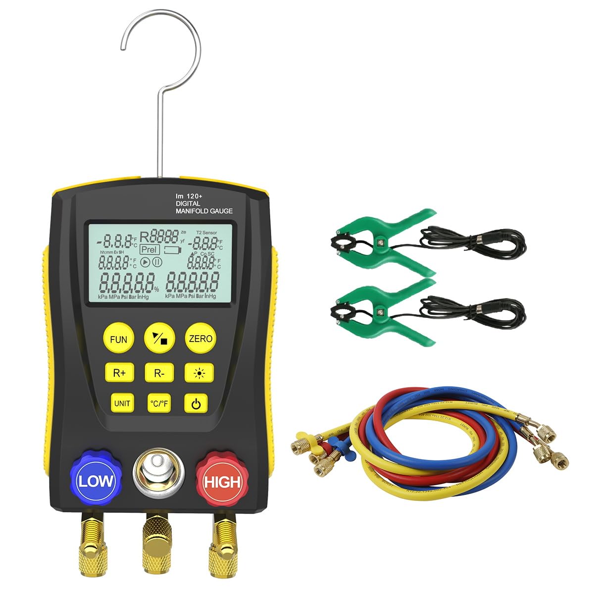 PLAYOCCAR Digital HVAC Manifold Gauge Kit - Professional Refrigeration Vacuum Pressure Temperature Leak Tester Set for AC, Refrigerator & Cooling Systems Maintenance - Includes Test Clip & Pipe - Ideal for HVAC Technicians & DIY Home Repairs
