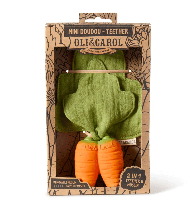 Oli and Carol Cathy the Carrot Mini Doudou Teether - Organic Cotton Baby Teething Toy for Soothing Gums | Perfect for Infants 0-12 Months, On-the-Go, and Nursery Playtime