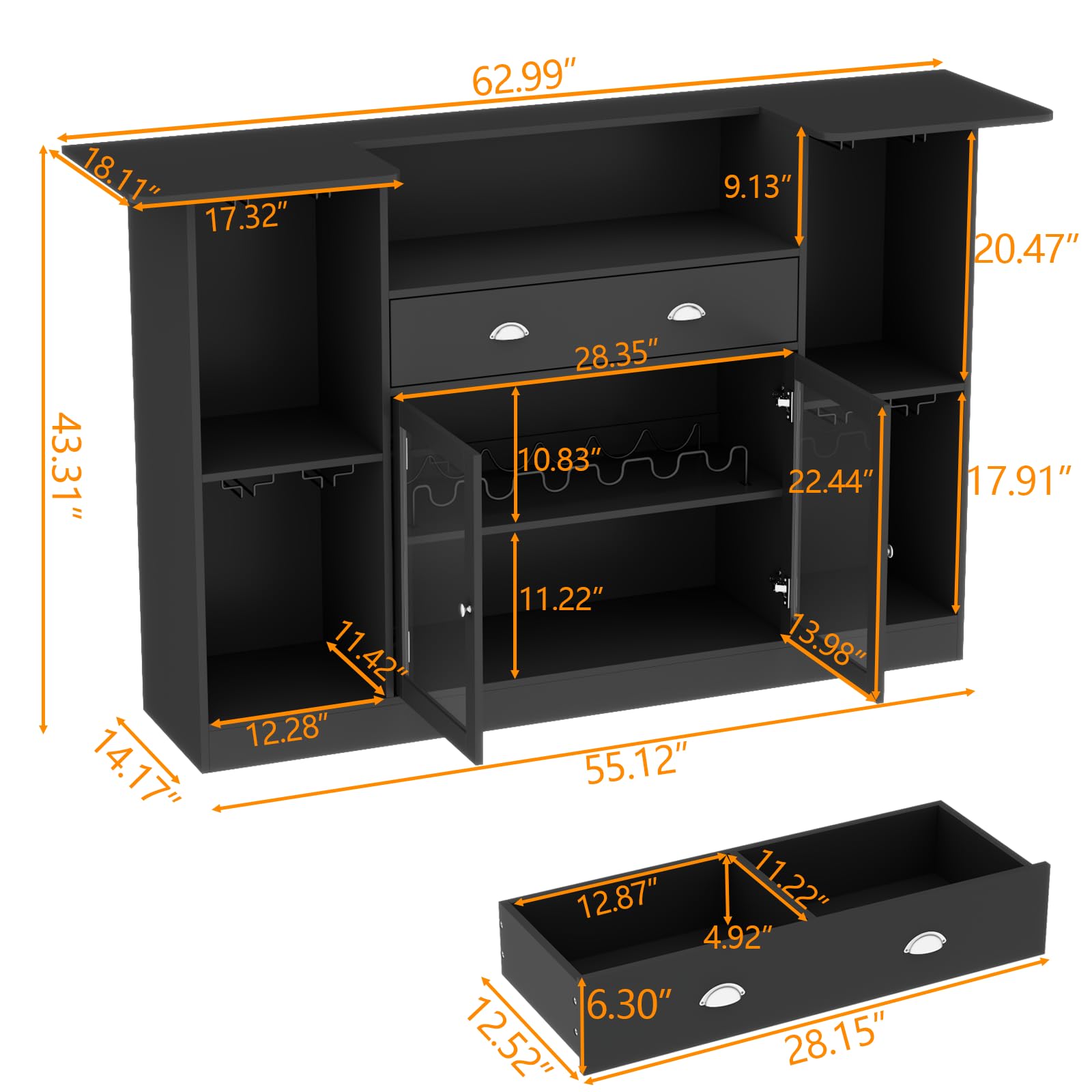 Premium Loomie LED Bar Table Cabinet with Drawer - 8-Tier Storage Mini Liquor Bar with Stemware Holder & Adjustable Wine Rack - Crescent Shaped Glass Door Counter for Home Pub, Kitchen, Living Room or Man Cave