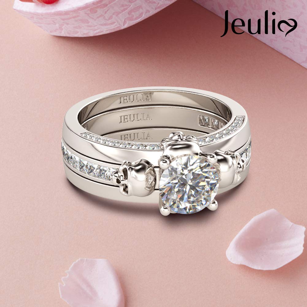Jeulia 2.5 Carat Sterling Silver Skull Wedding Ring Set for Women - Round Cut Cubic Zirconia Engagement & Promise Band - Interchangeable CZ Solitaire Rings with Gift Box - Perfect for Gothic Weddings, Anniversary Gifts & Alternative Fashion Jewelry