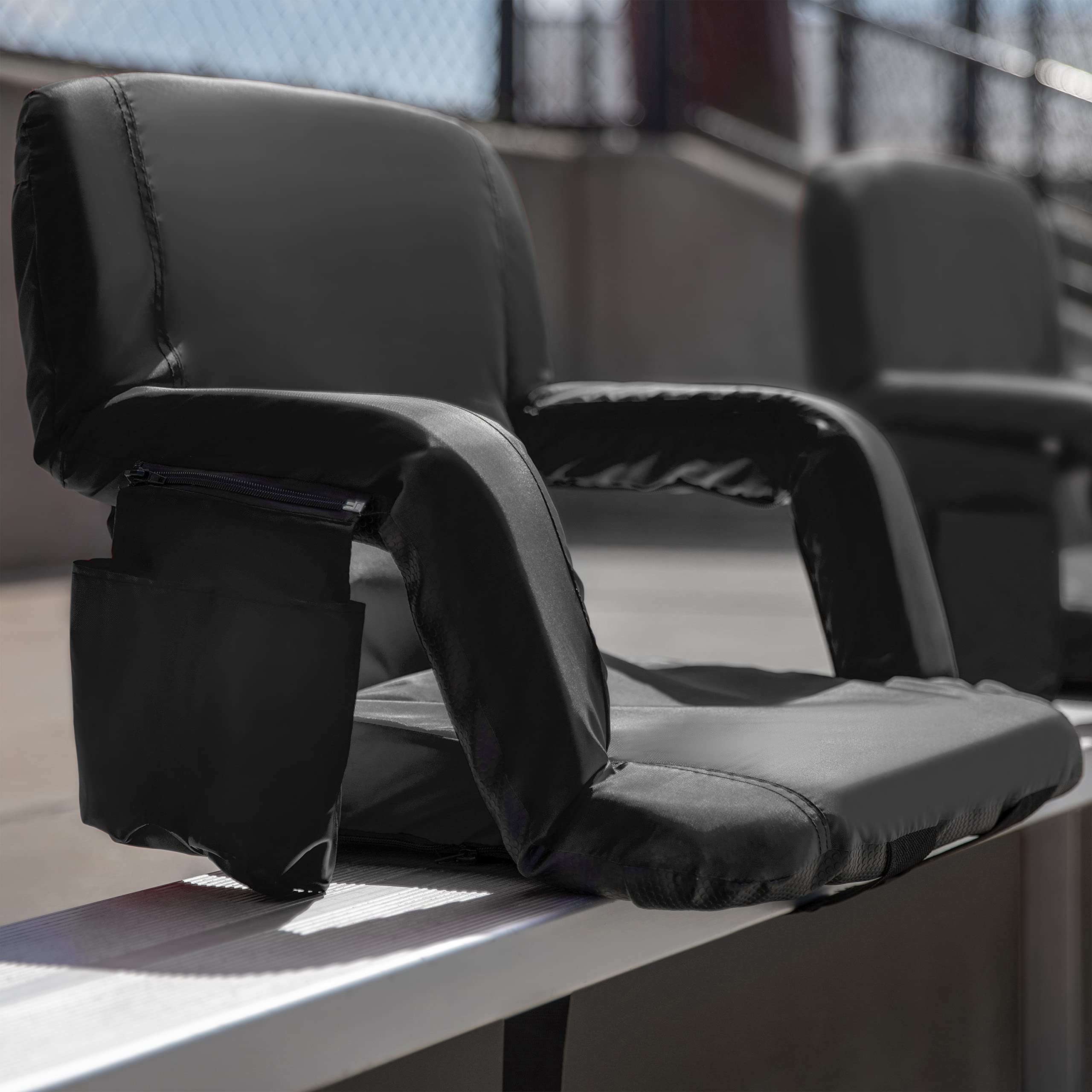 Portable Lightweight Reclining Stadium Chair with Padded Armrests, Back & Seat - Foldable Camping Chair with Storage Pockets & Backpack Straps - Perfect for Outdoor Sports, Concerts, Picnics (Set of 2, Black)