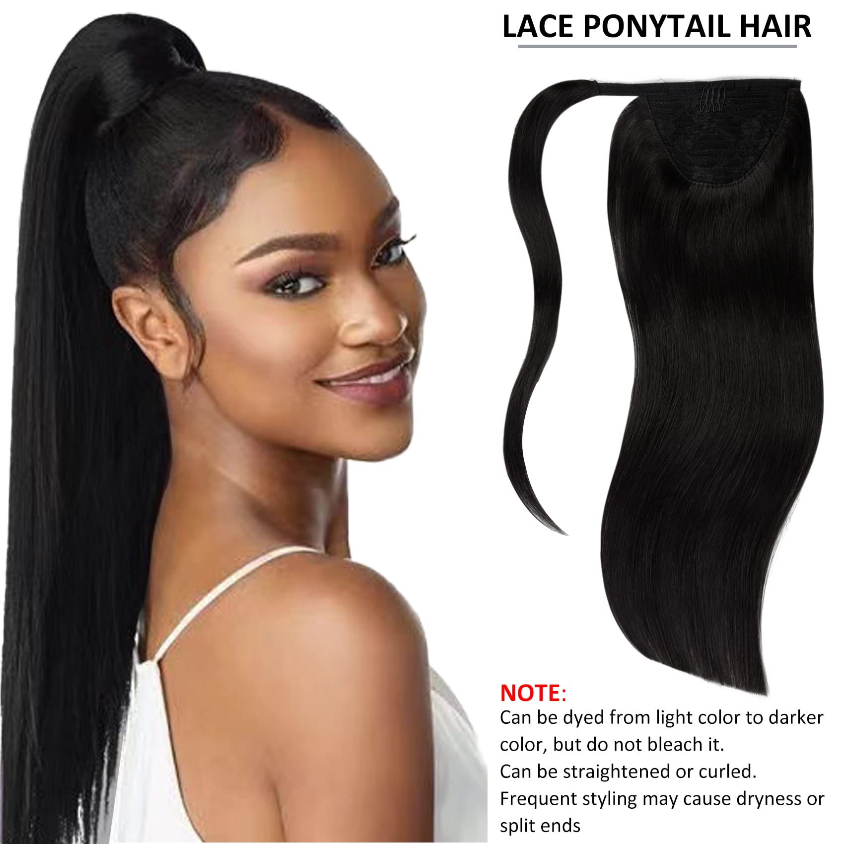 Caliee 100% Real Human Hair Extensions - 18Inch Jet Black Wrap Around Ponytail with Comb (80G) | Clip-in Hairpiece for Women | Perfect for Parties, Weddings & Daily Styling