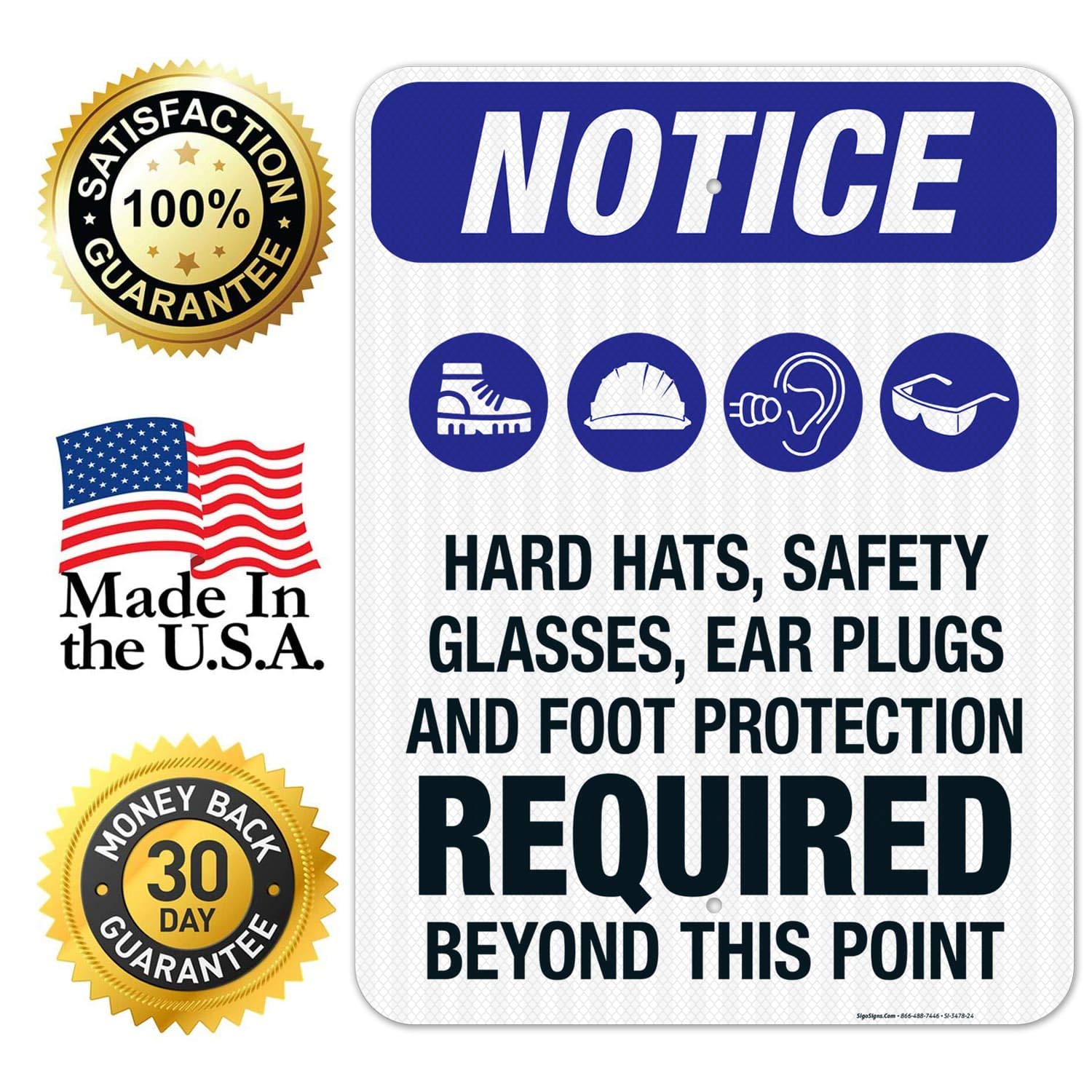 3M EGP Reflective OSHA Safety Sign - 18x24 Inches Aluminum, Fade Resistant for Indoor/Outdoor Use | Hear Hats, Safety Glasses, Ear Plugs & Foot Protection Required | Made in USA - Perfect for Construction Sites, Factories & Work Zones