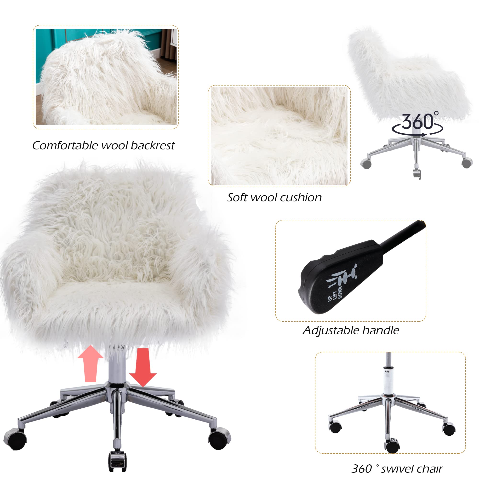 **Fluffy Faux Fur Office Desk Chair with Wheels - Modern Swivel Armchair for Women, Soft Comfy Vanity Makeup Chair, Elegant Accent Chair for Bedroom, Dressing Room & Home Decor (White) - Perfect for Work, Study & Relaxation**