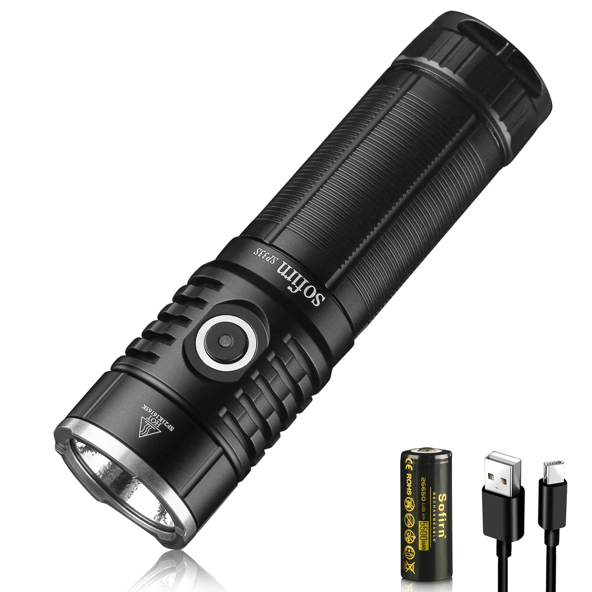 Sofirn SP33S Powerful 5000 Lumens Rechargeable LED Flashlight with USB-C Charging, 6 Brightness Modes & Power Bank Function, Includes 26650 Battery - Perfect for Fishing, Hiking, Camping, and Outdoor Exploration