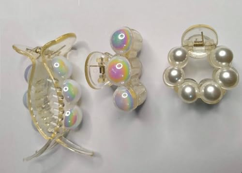 Korean 3-Piece Big Pearl Hair Claw Clips - 7cm & 4.5cm Plastic Hair Jaw Clips with Strong Hold | White Barrettes Hair Accessories for Women | Perfect for Updos, Ponytails & Everyday Hairstyles