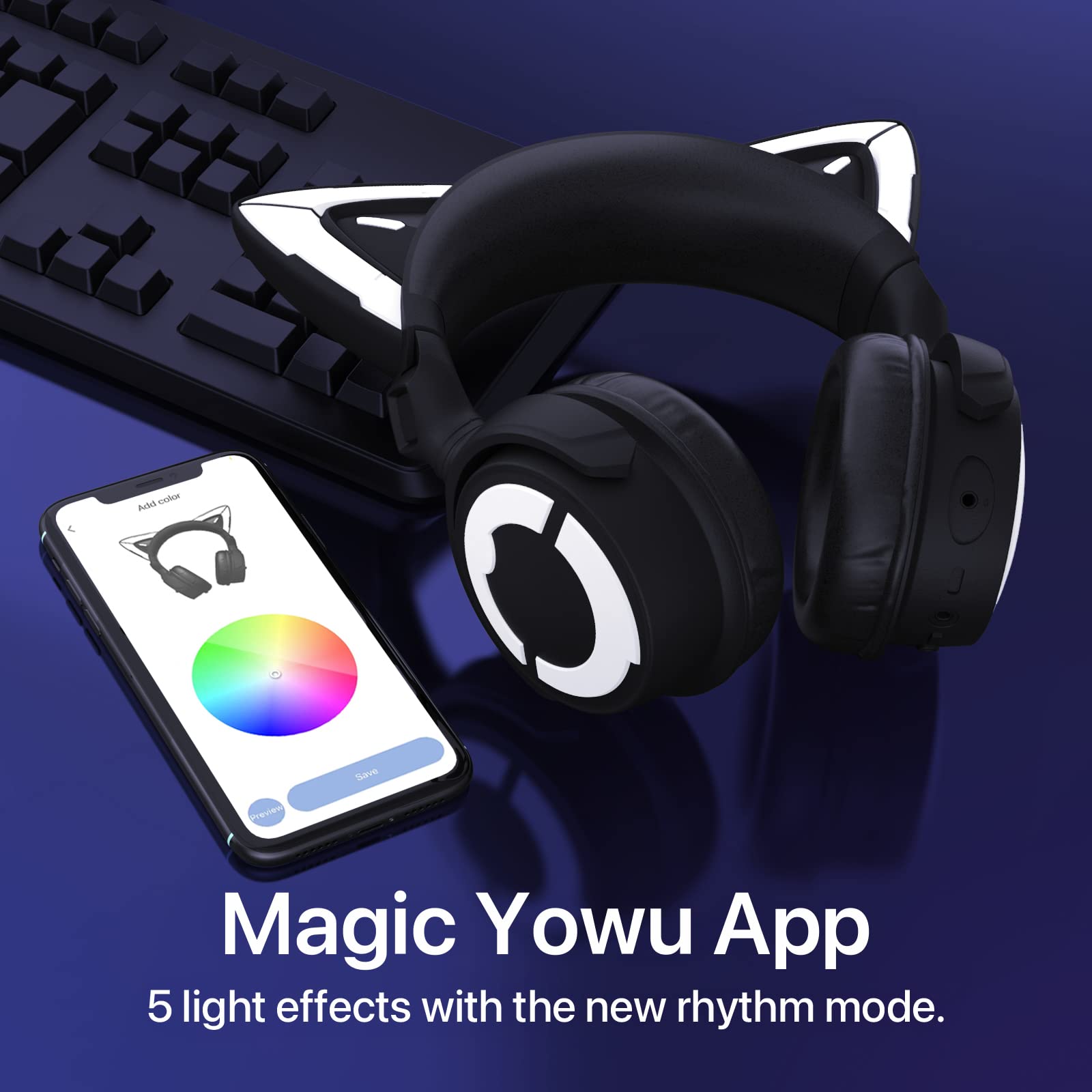YOWU Cat Ear Headphones RGB Wireless & Wired Gaming Headset with Microphone for PC, PS4, PS5, XBOX, Switch - Noise Cancelling, APP Customizable LED Lights (Black) - Perfect for Gaming, Streaming, and Cosplay