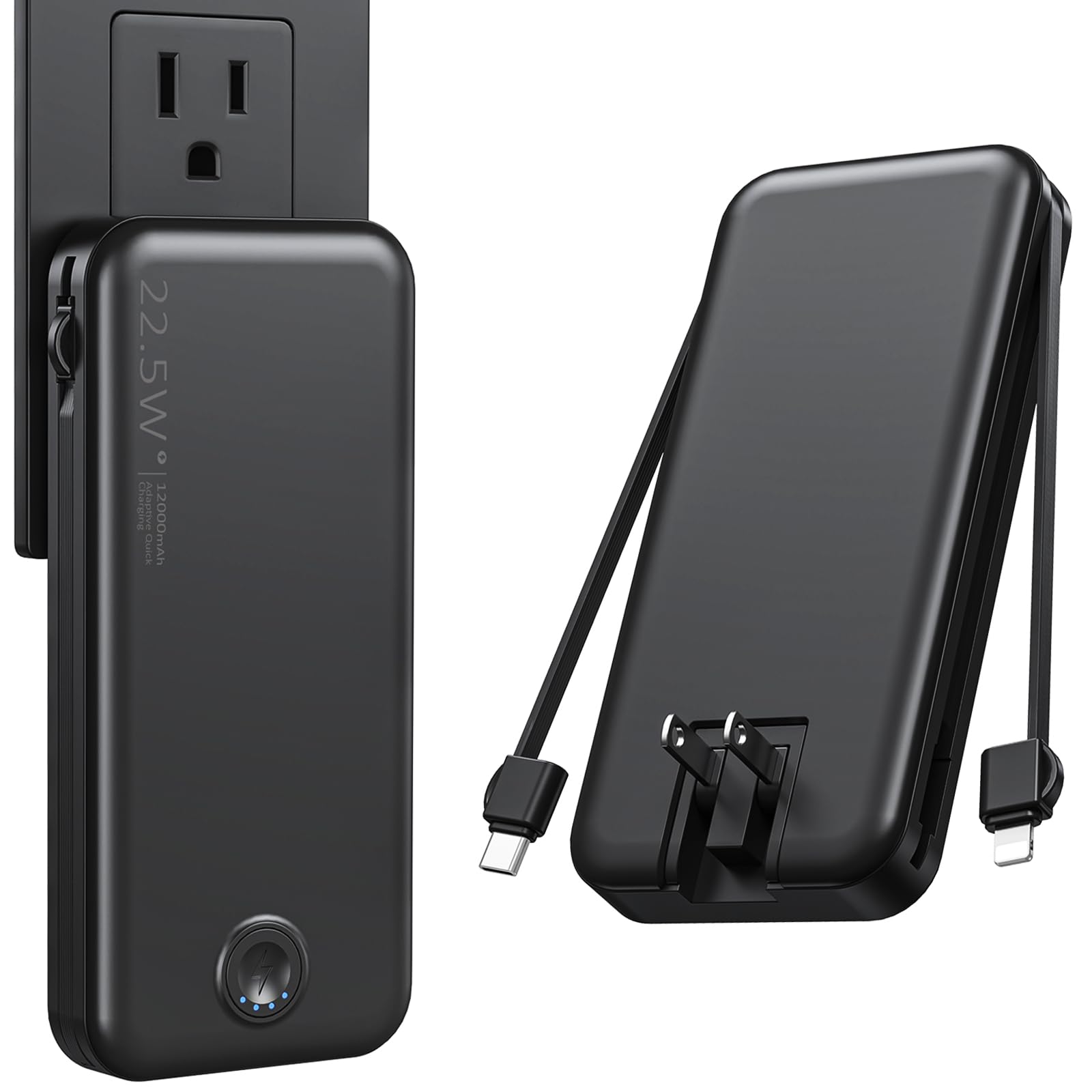 12000mAh Portable Charger with Built-in USB C Cable & AC Wall Plug - 22.5W Super Fast Charging Power Bank for iPhone, Samsung, Tablets - Lightweight Travel Battery Pack for Camping, Airplane & Emergency Power Backup