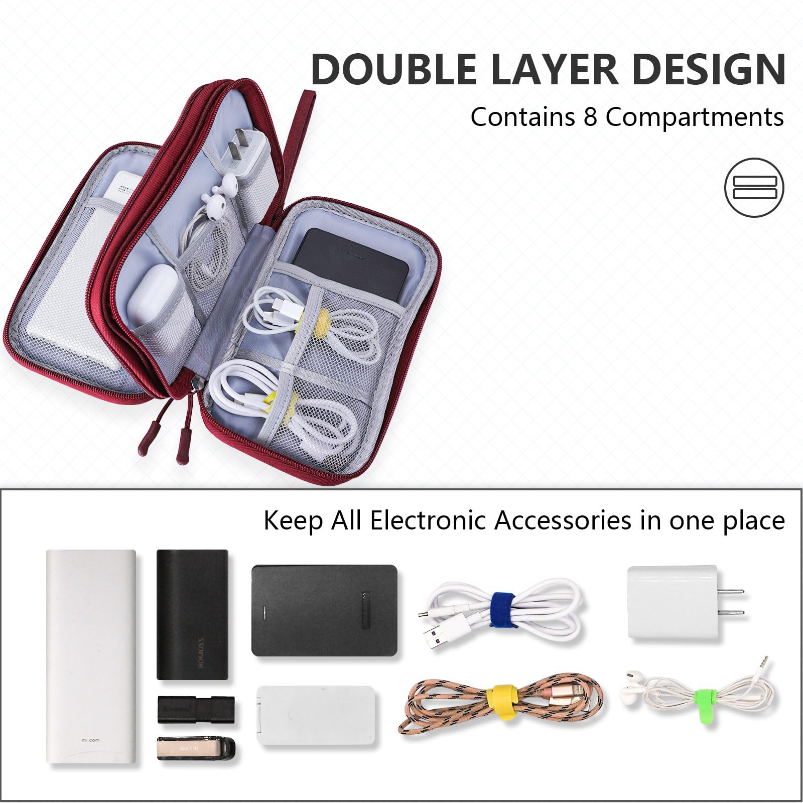 Teskyer Waterproof Travel Organizer Bag for Electronics & Cables - 8.5 x 5 Inch Wine Red Travel Accessories - Perfect for Business Trips, Vacations & Daily Commute (Men & Women)