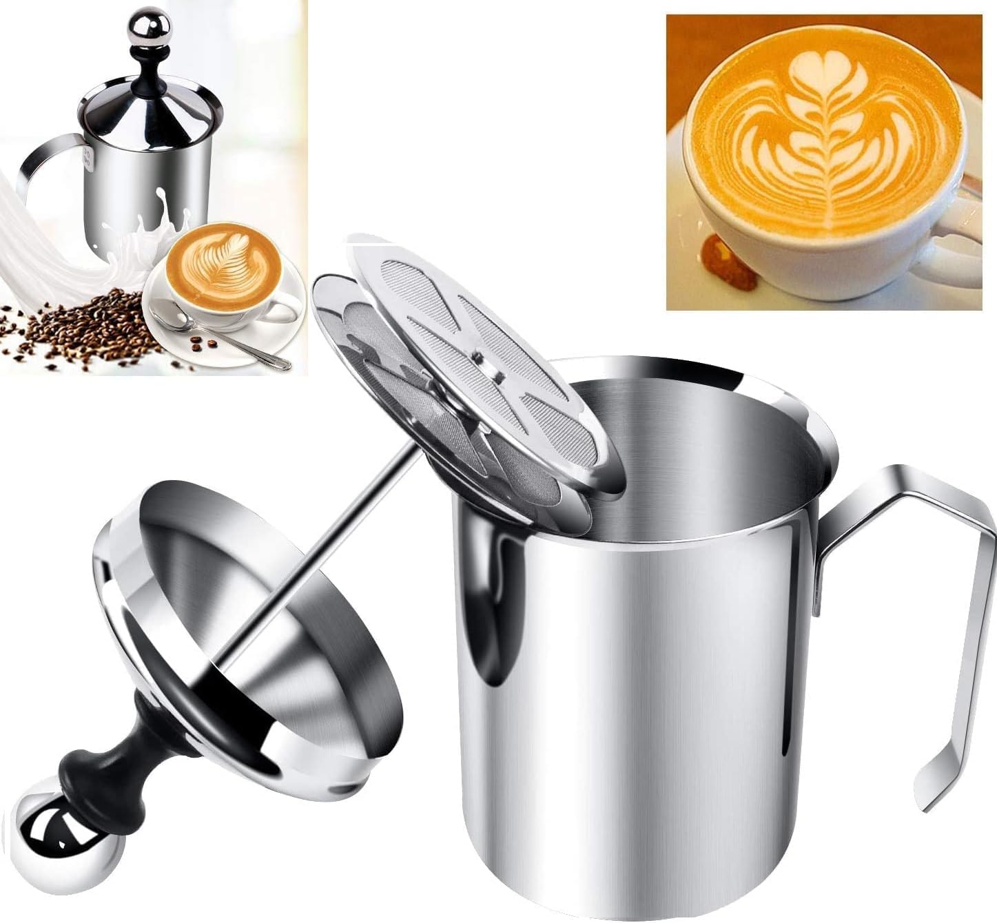 Stainless Steel Milk Frother Pot with Lid - Coffee Foam Maker for Home & Cafe Use