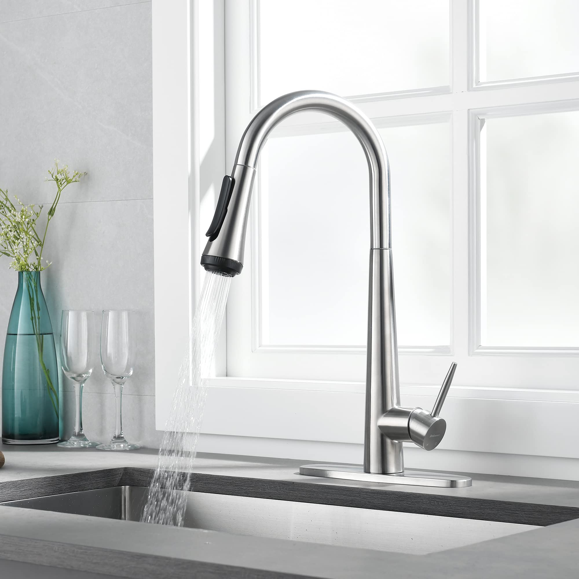 Commercial Modern Stainless Steel Kitchen Faucet with Pull Down Sprayer - High Arc Single Handle Sink Faucet, 4 Mode Sprayer, Brushed Nickel Finish | Perfect for RV, Restaurant & Home Kitchen Upgrade