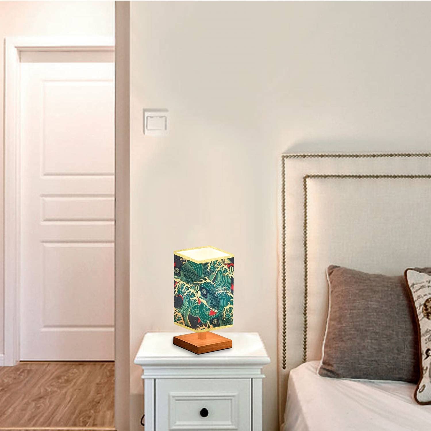 Japanese Koi Carp Fish Wave Pattern Wooden Base Table Lamp - Flaxen Fabric Shade, Dimmable Nightstand Light for Bedroom, Living Room, Office | Perfect for Reading, Relaxing & Creating Cozy Ambiance