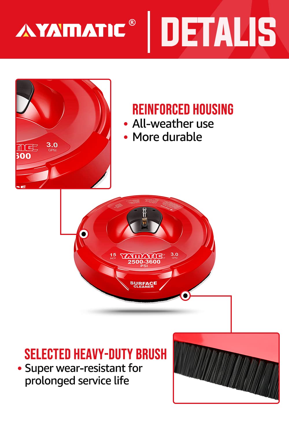 YAMATIC 15 Inch 3600PSI Pressure Washer Surface Cleaner with 2 Extension Wands - Professional Power Washer Attachment for Driveway, Deck, Patio & Concrete Cleaning (Red, 15