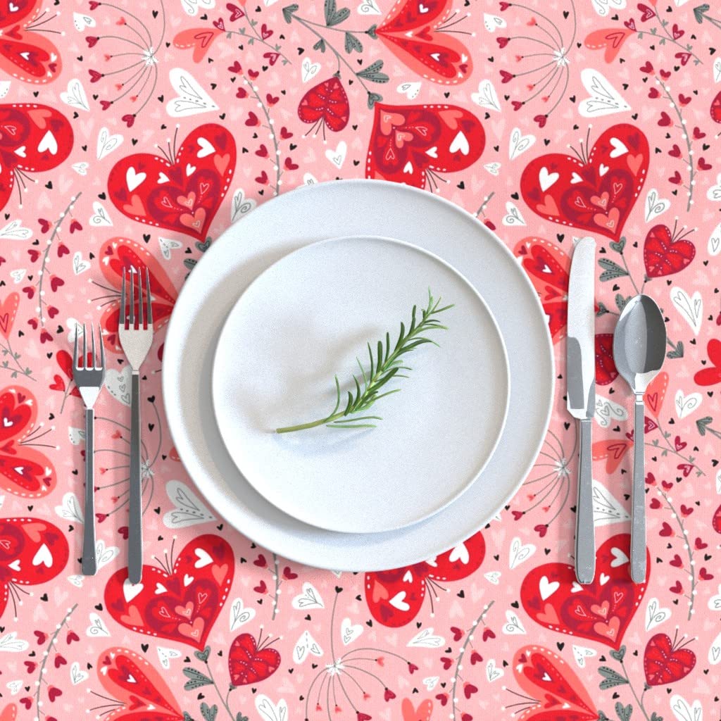 Valentine's Day Pink Red Heart Print Cotton Sateen Tablecloth 70