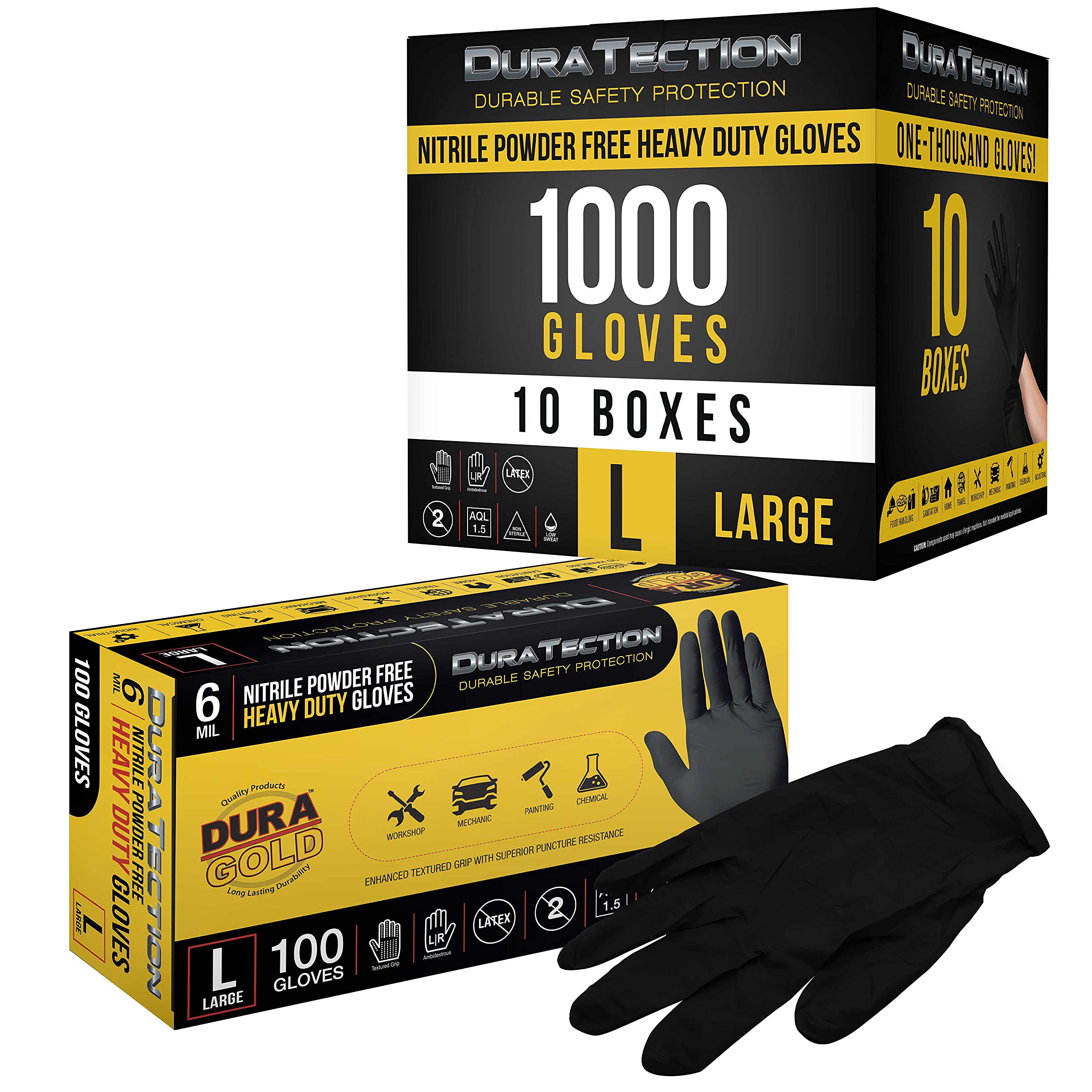 Dura-Gold Heavy Duty Black Nitrile Disposable Gloves - 6 Mil Thick, Latex Free, Powder Free, Textured Grip for Enhanced Safety - Ideal for Medical, Food Service, Cleaning & Industrial Use