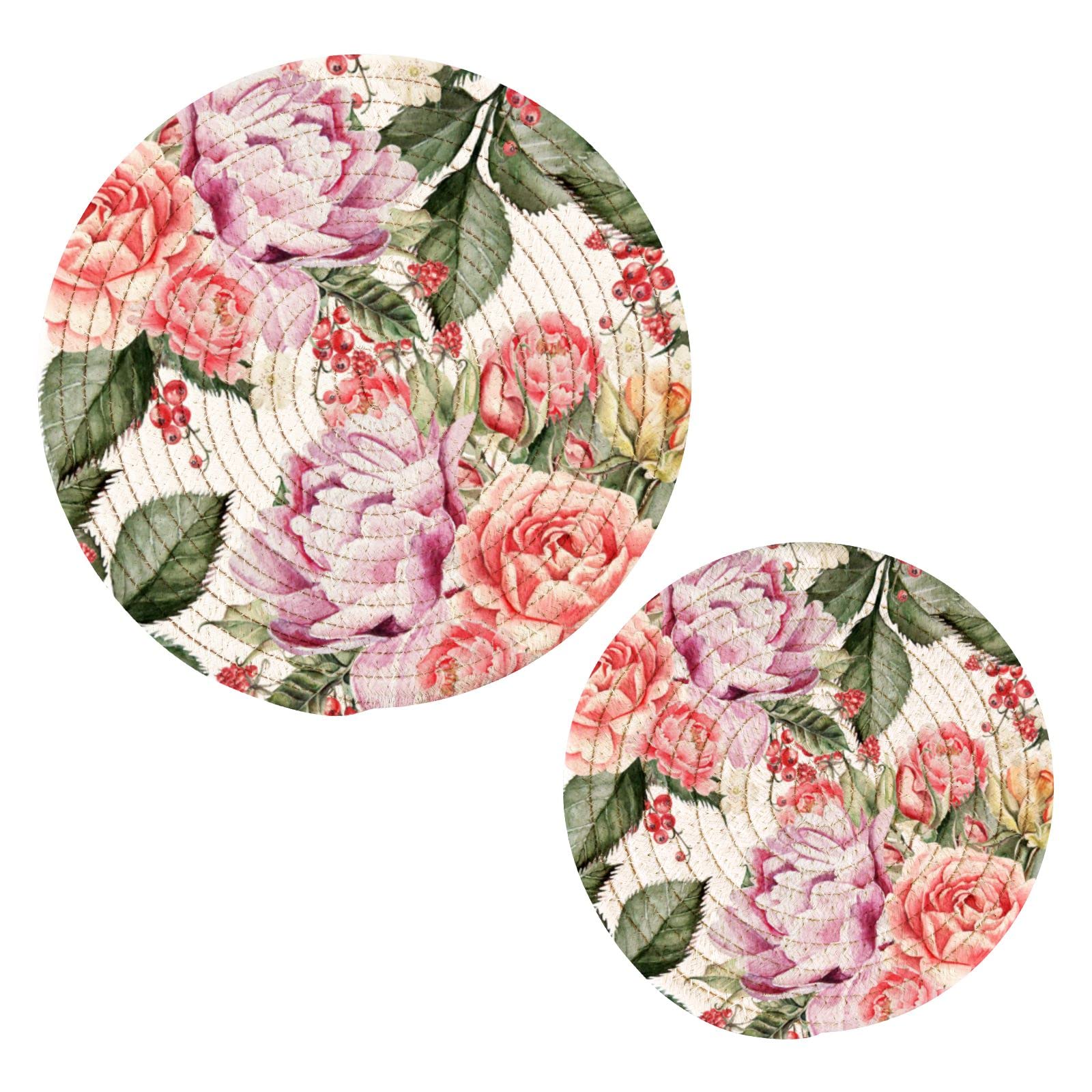 Heat Resistant Cotton Round Pot Holders Set of 2 - Rose Floral Kitchen Hot Pads for Cooking, Baking & Serving - Perfect Spoon Rest & Trivet for Stovetop, Oven & Dining Table