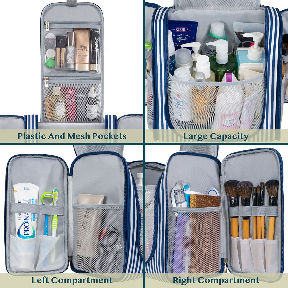 PAVILIA Extra Large Hanging Toiletry Bag for Women & Men - Waterproof Travel Cosmetic Organizer with Multiple Pockets for Makeup, Toiletries & Accessories - Perfect for Gym, Vacation & Business Trips (Stripe Navy)