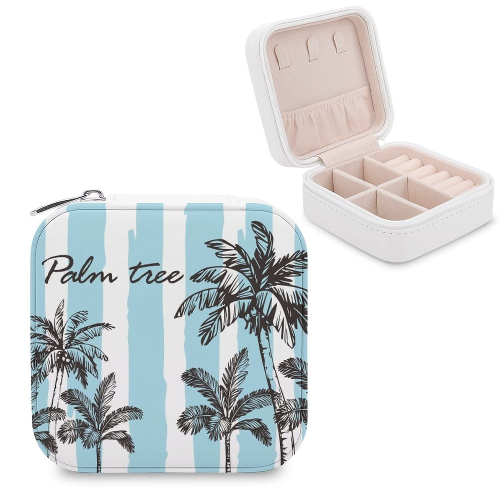 Small Jewelry Box - Portable Travel Organizer & Display Storage Case for Rings, Earrings, Necklaces | Perfect Gift for Women & Girls | Palm Tree Blue Design (4 Inch) - Ideal for Travel, Home Storage & Gift Giving