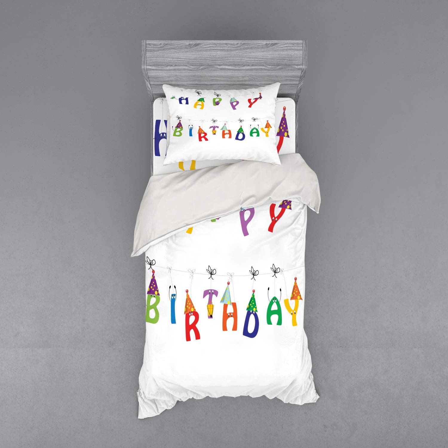 Ambesonne Birthday Duvet Cover Set - Colorful Celebration Letters & Fun Party Hats Design, 3-Piece Bedding Set with Pillow Sham & Fitted Sheet, Twin XL Size, Vibrant Multicolor - Perfect for Kids' Rooms, Birthday Parties & Festive Bedroom Decor