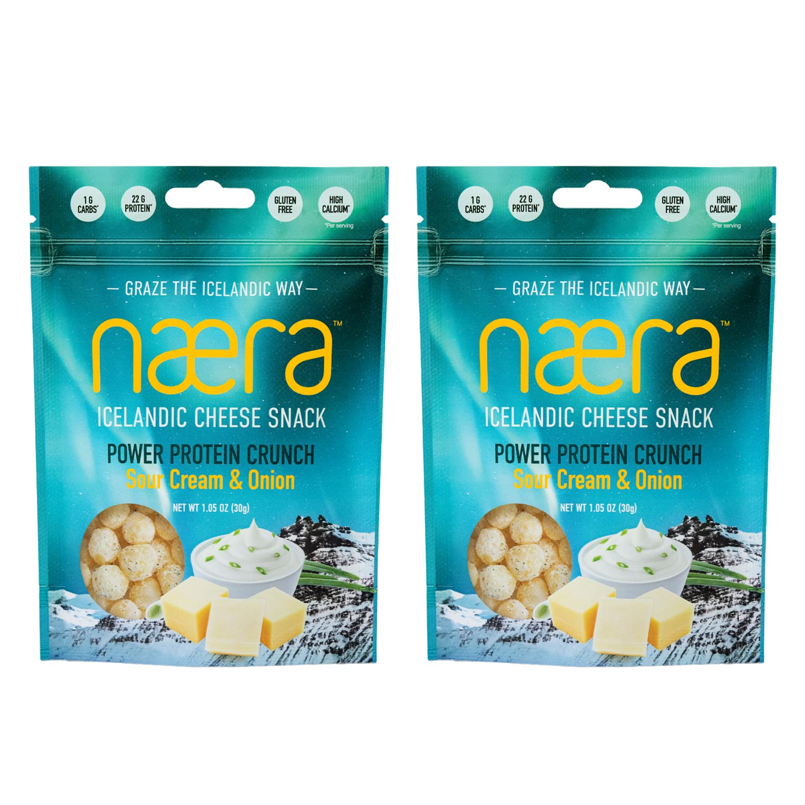 Næra Icelandic - 2-Pack Sour Cream & Onion 100% Cheese Protein Snacks | High Protein, Natural Crunchy Snacks for Adults & Kids (1.05 oz each) | Perfect for On-the-Go, School Lunches & Healthy Snacking