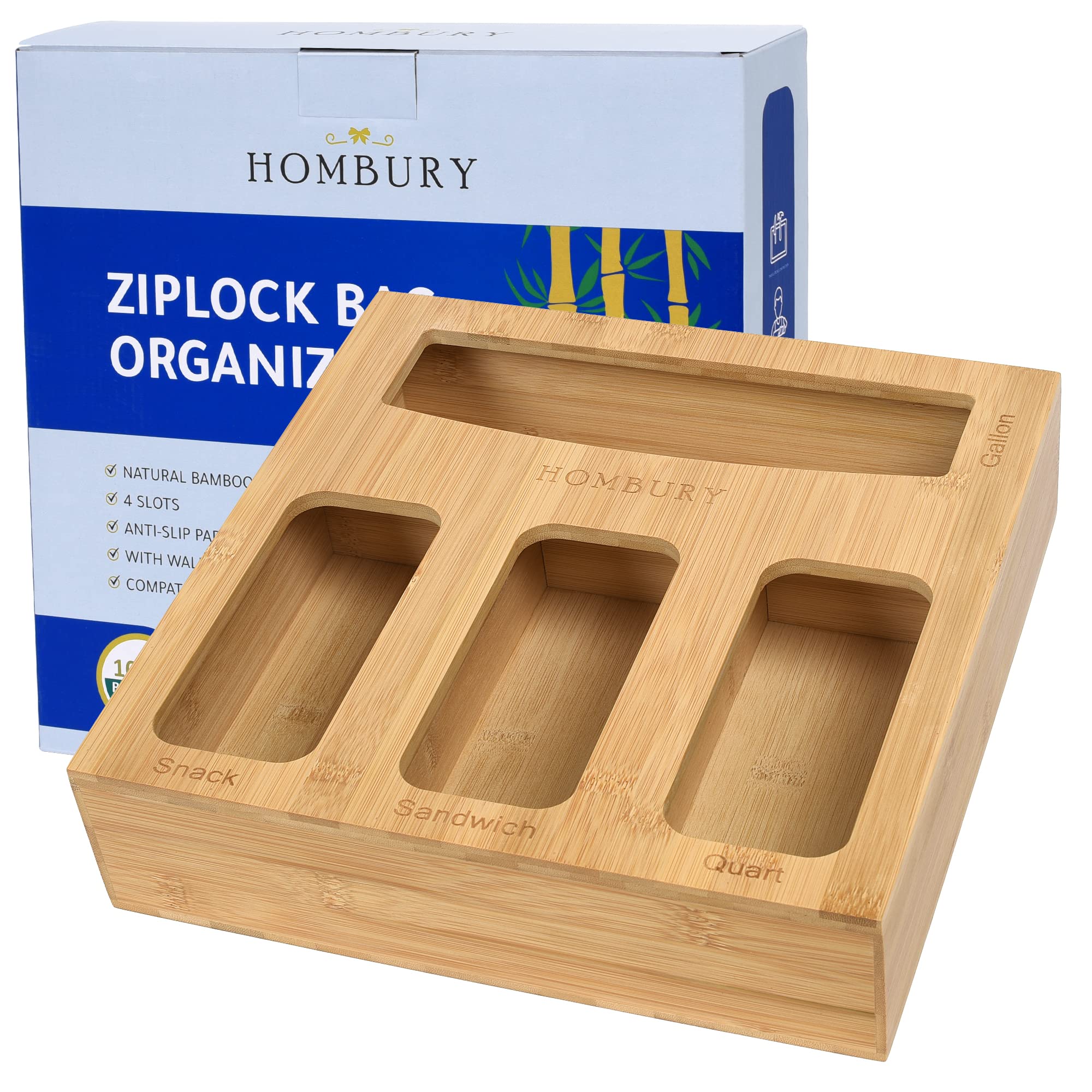 Natural Bamboo Ziplock Bag Organizer for Kitchen Storage – Snack, Sandwich, Quart & Gallon Size Bags – Perfect for Pantry, Fridge & Meal Prep Organization