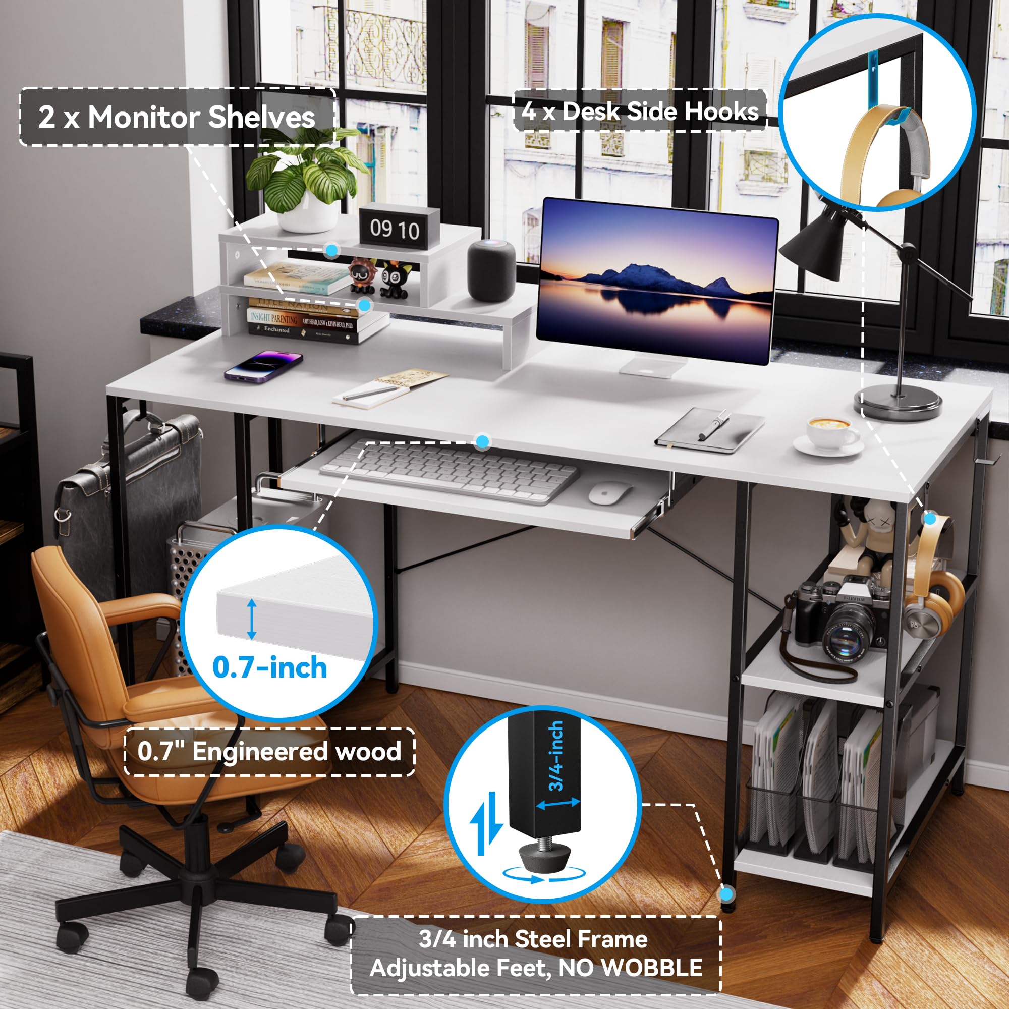 55 Inch Computer Desk with Keyboard Tray & Storage Shelves - Music Production Studio Desk with Monitor Stand & 4 Iron Hooks - Ergonomic Workstation for Home Office, Gaming & Music Production