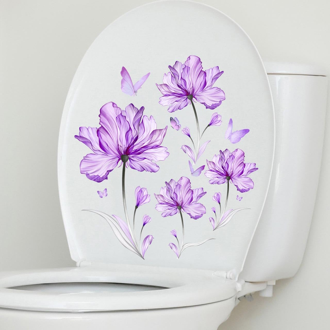 BIBITIME Purple Butterfly Flower Decals - Waterproof Bathroom Stickers for Toilet Seat Cover, Wall Tile & Shower Decor - Self-Adhesive Vinyl Art for Home Decoration (Set of 6) - Perfect for Bathroom Makeover, Kids Room Decor & Rental Apartment Upgrades