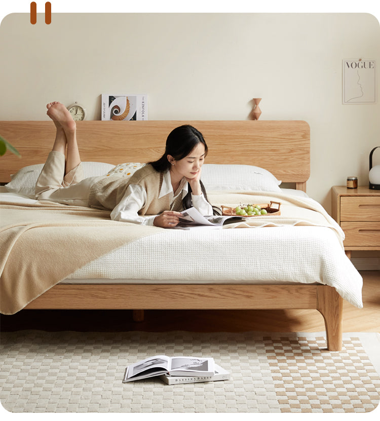 Solid Oak Rubber Wood Bed - Modern Nordic Style Queen/King Size Bed Frame for Bedroom, Living Room & Guest Room