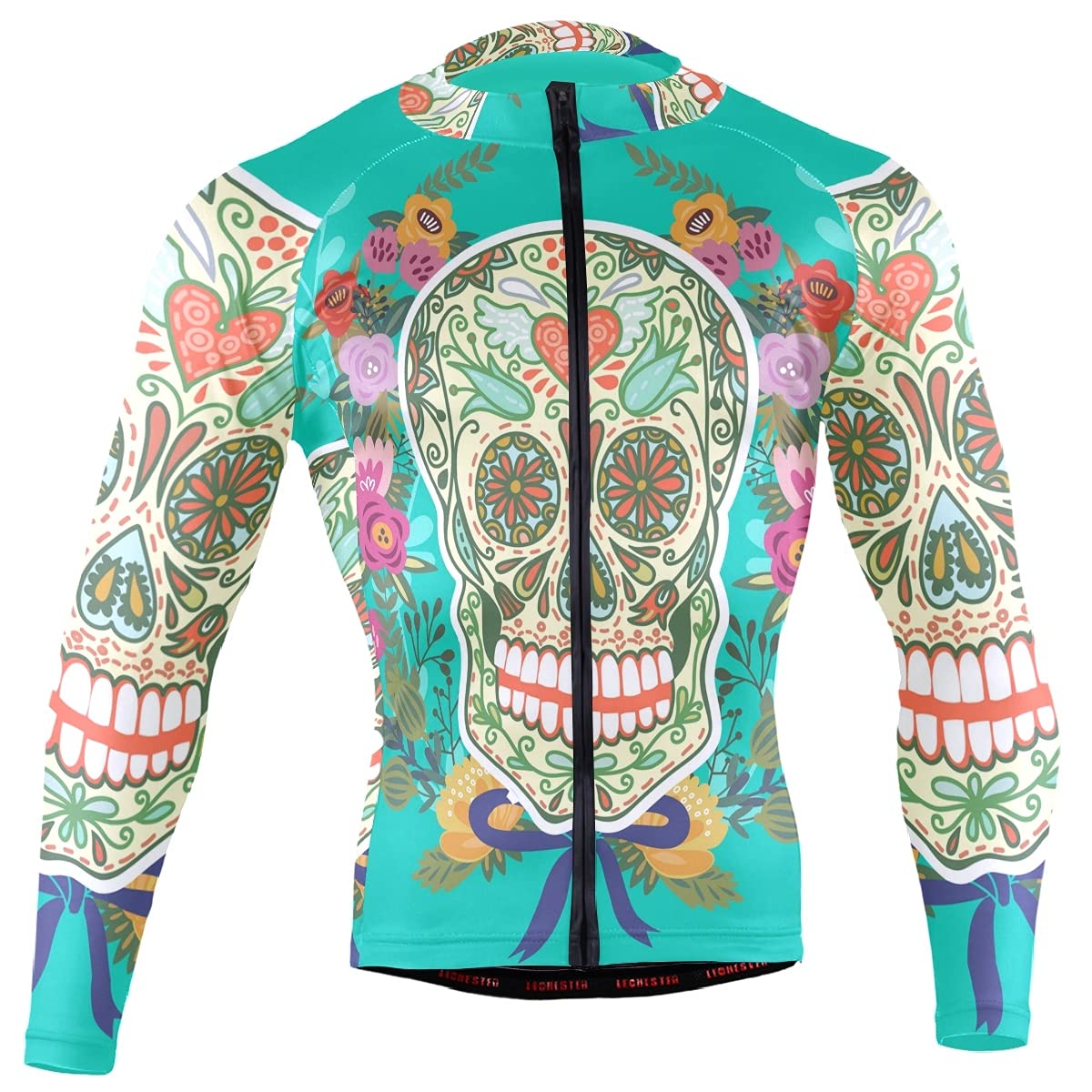 Sugar Skull Dia De Los Muertos Men's Cycling Jersey - Long Sleeve Breathable Bike Shirt with Full Zipper - Perfect for Road Biking, Mountain Cycling & Outdoor Sports