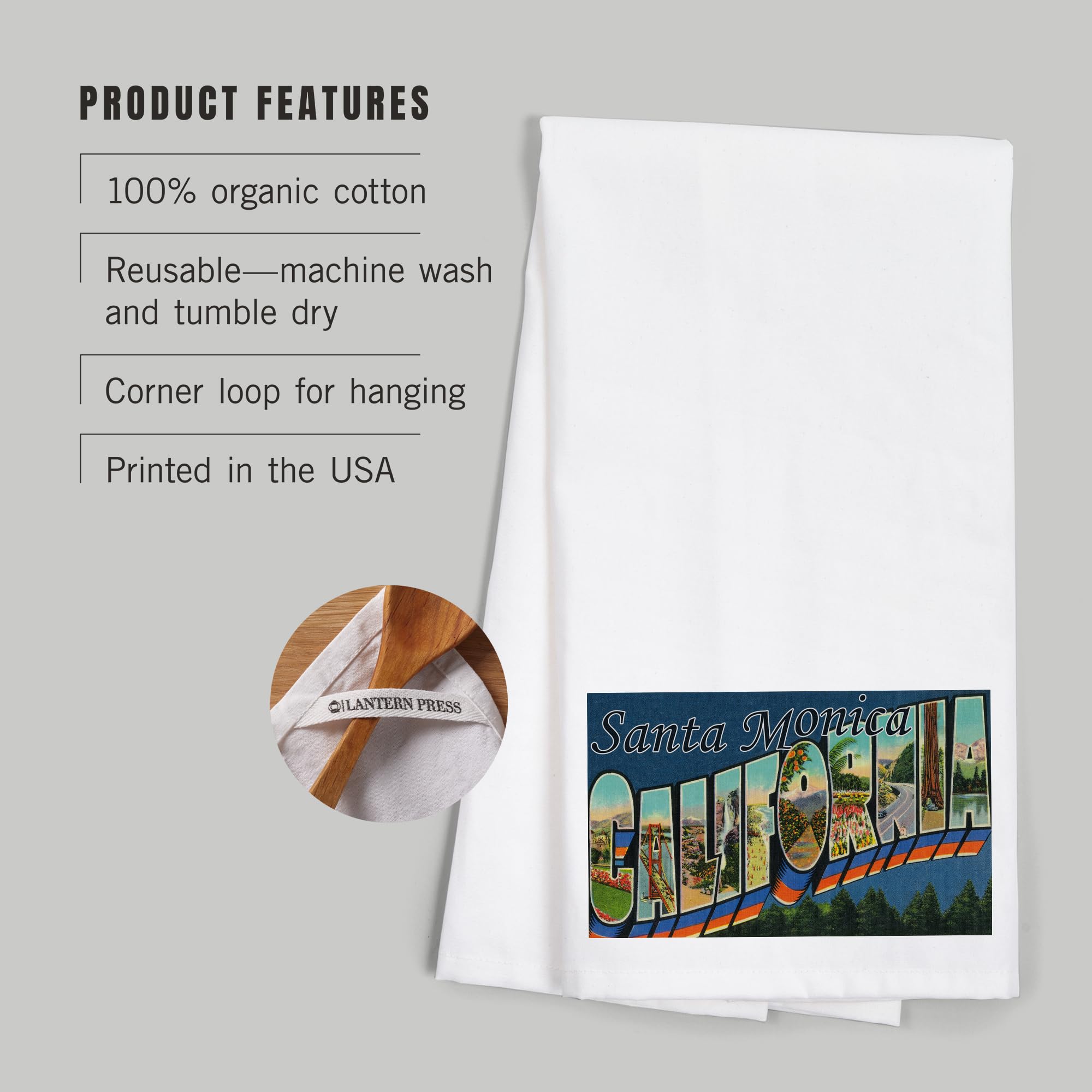 Lantern Press Greetings from Santa Monica California - 100% Cotton Tea Towel & Decorative Hand Towel for Kitchen, Home Decor, Housewarming Gift - Perfect for Cooking, Baking, and Coastal Themed Decor