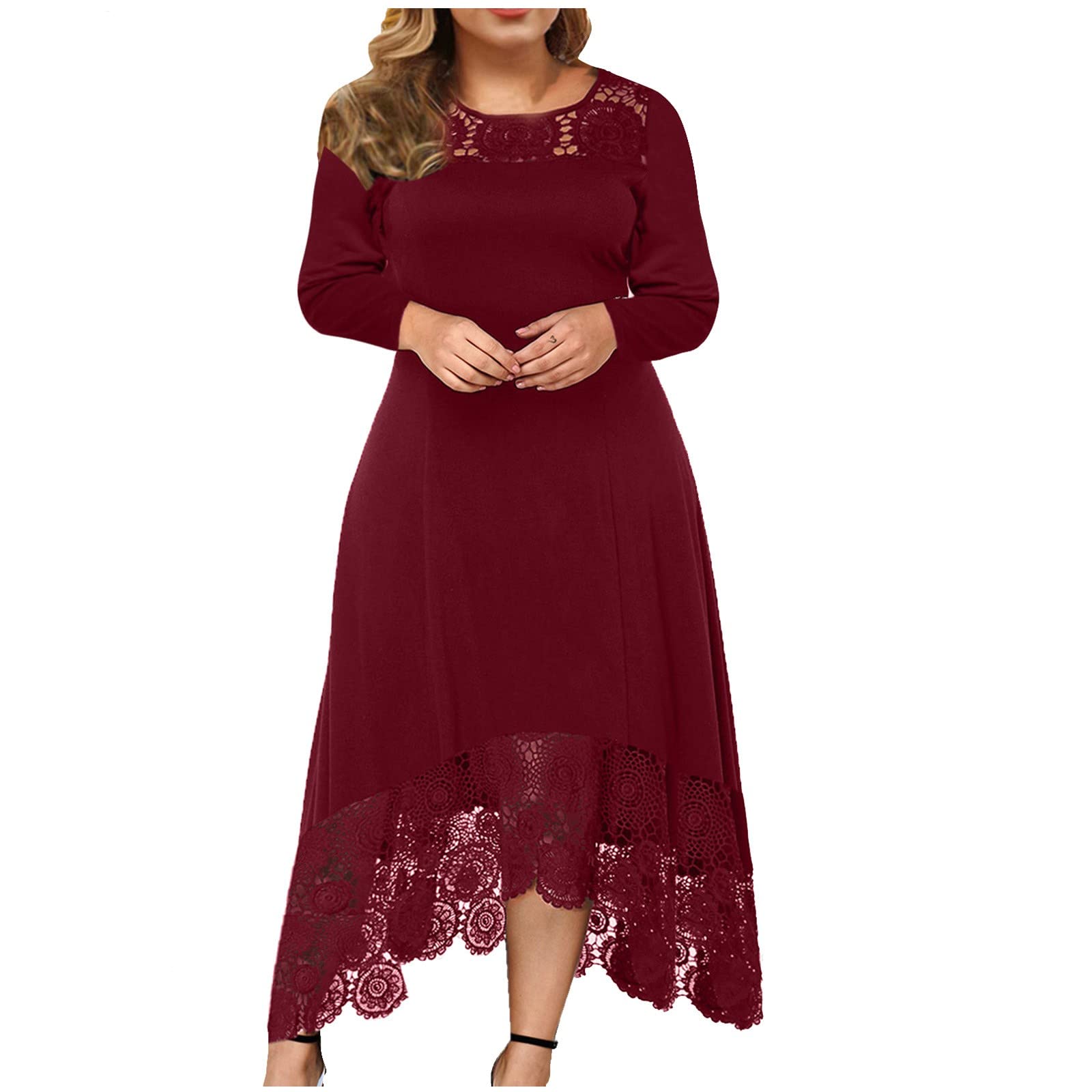 Women's Plus Size Casual Lace Long Sleeve Dress - Round Neck Solid Color Formal Gown with Unique Irregular Stitching | Perfect for Weddings, Parties & Special Occasions