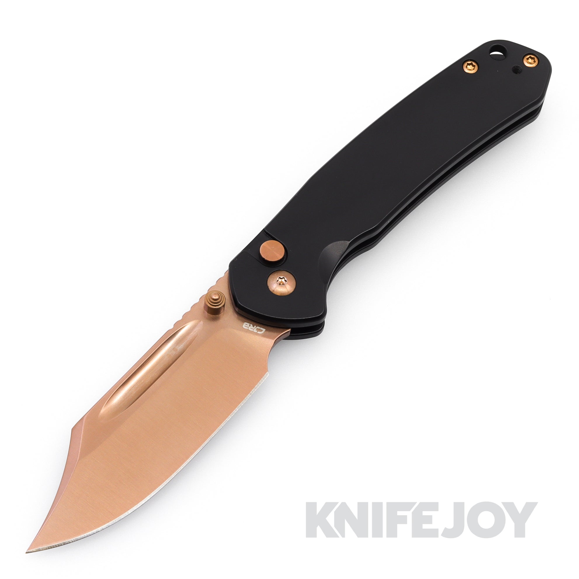 CJRB Pyrite Button Lock Folding Knife - Rose Gold Clip Point Blade, Black Steel Handles - EDC Pocket Knife for Outdoor, Camping & Everyday Carry