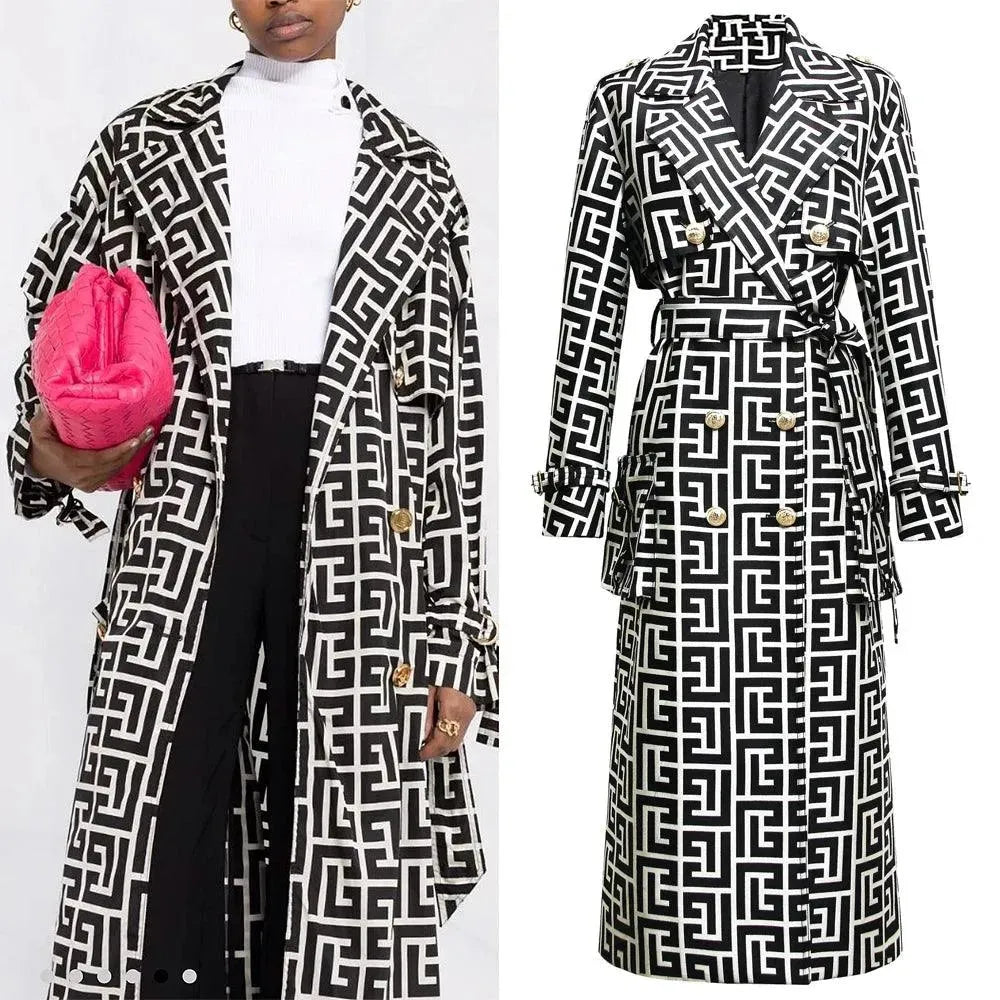 Fashionable Belted Print Women's Trench Coat - Stylish Long Jacket for Fall & Winter | Office Wear, Casual Outfits & Date Night Dresses